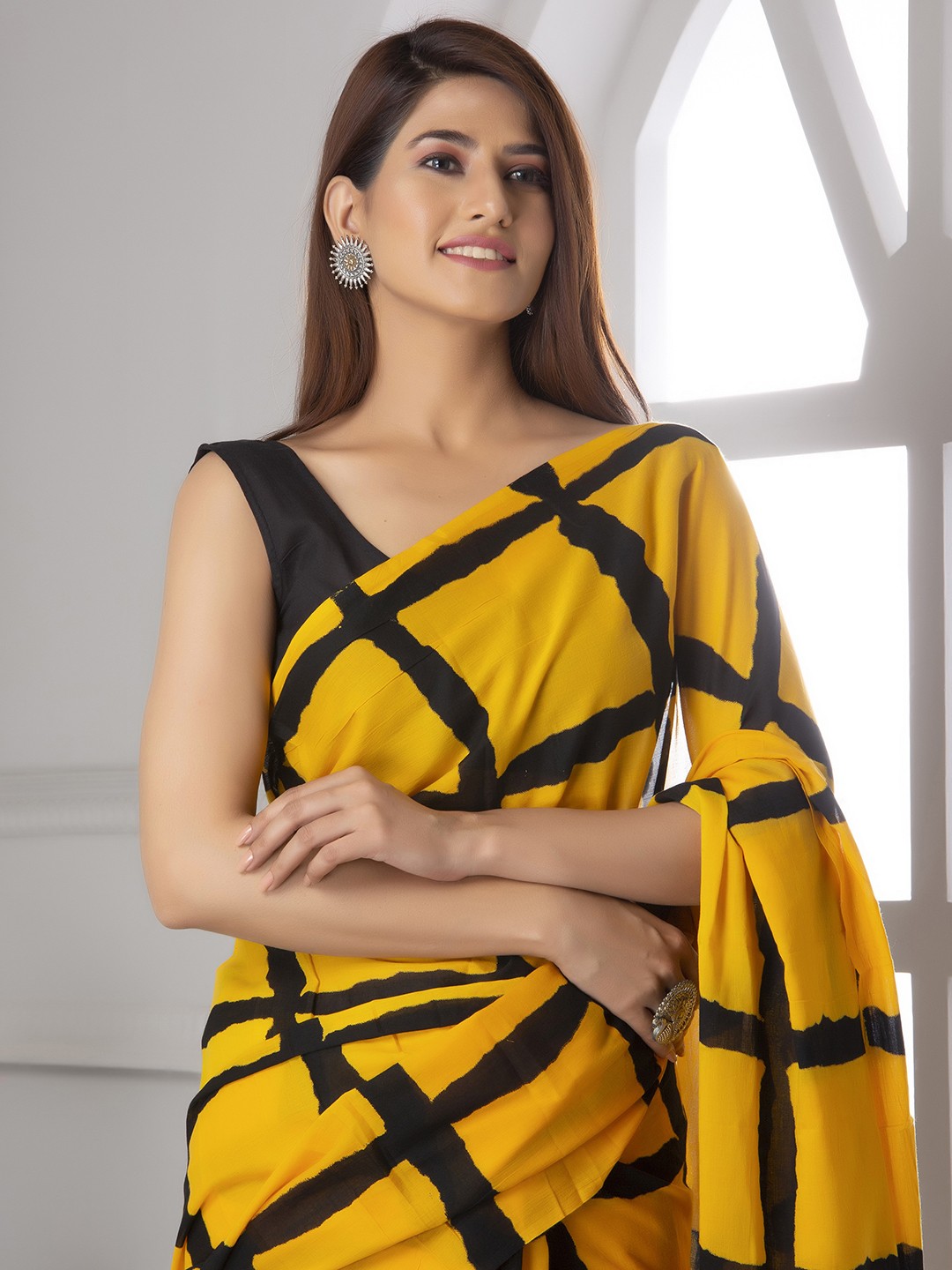 

Sanganeri Print Checked Pure Cotton Saree, Yellow