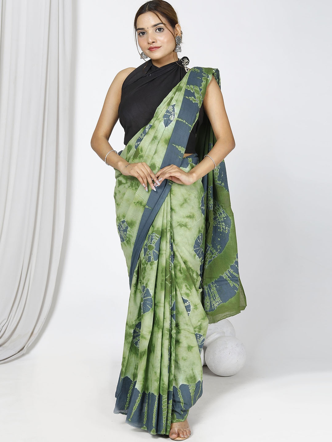 

Sanganeri Print Tie & Dyed Mulmul Cotton Bagru Saree, Green