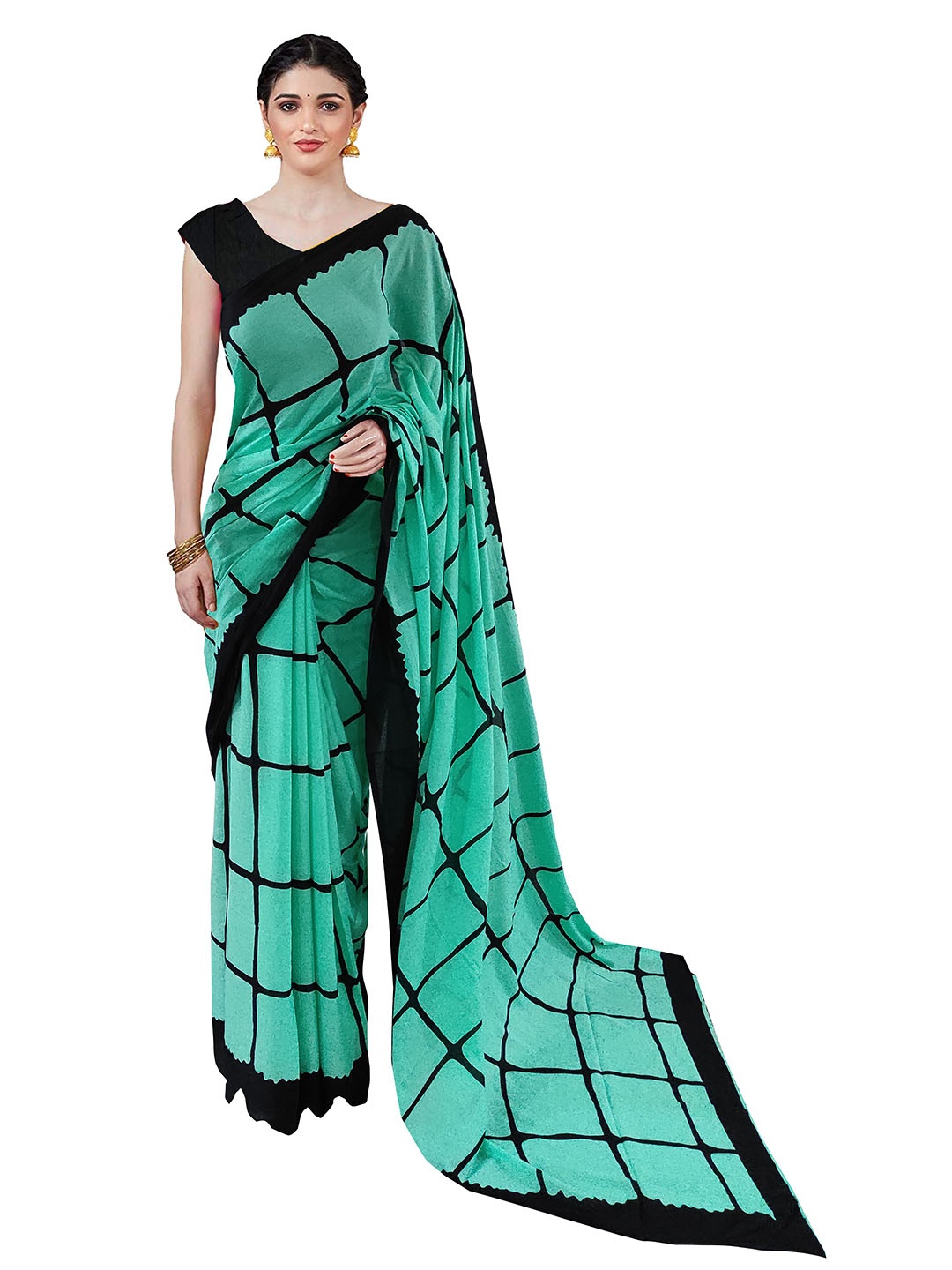 

Sanganeri Print Checked Pure Cotton Block Print Saree, Sea green