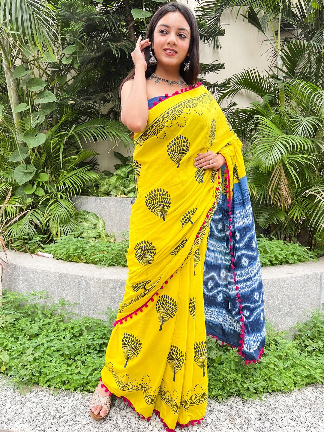 

Sanganeri Print Floral Pure Cotton Block Print Saree, Yellow
