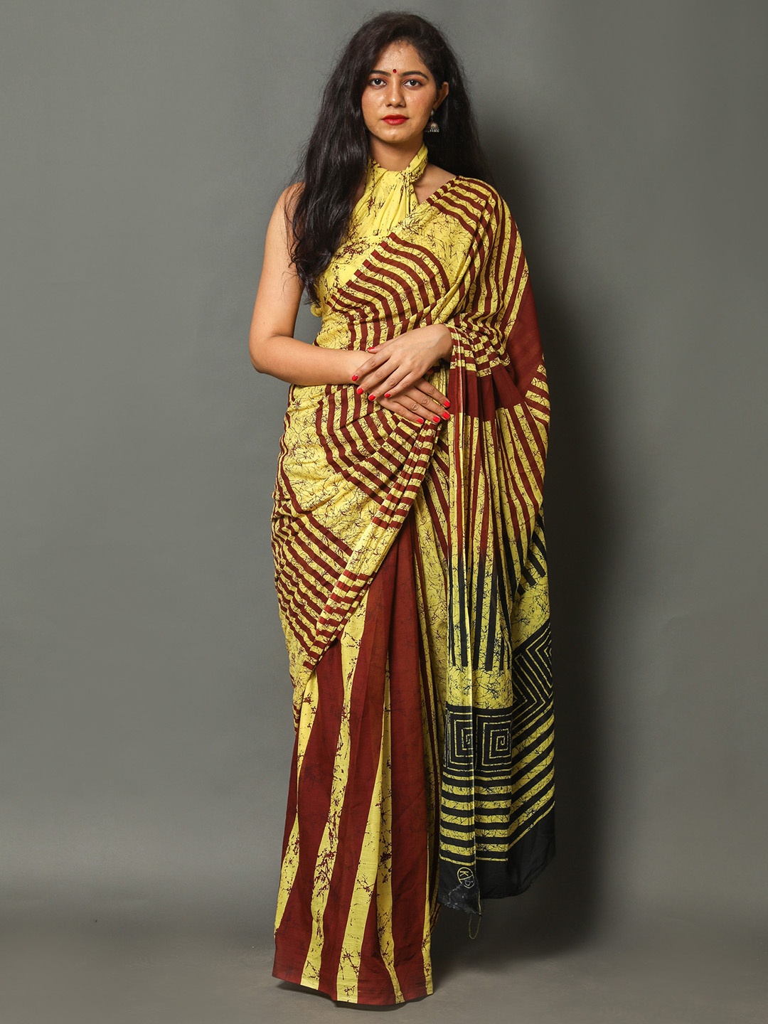 

Sanganeri Print Pure Cotton Striped Block Print Saree, Yellow