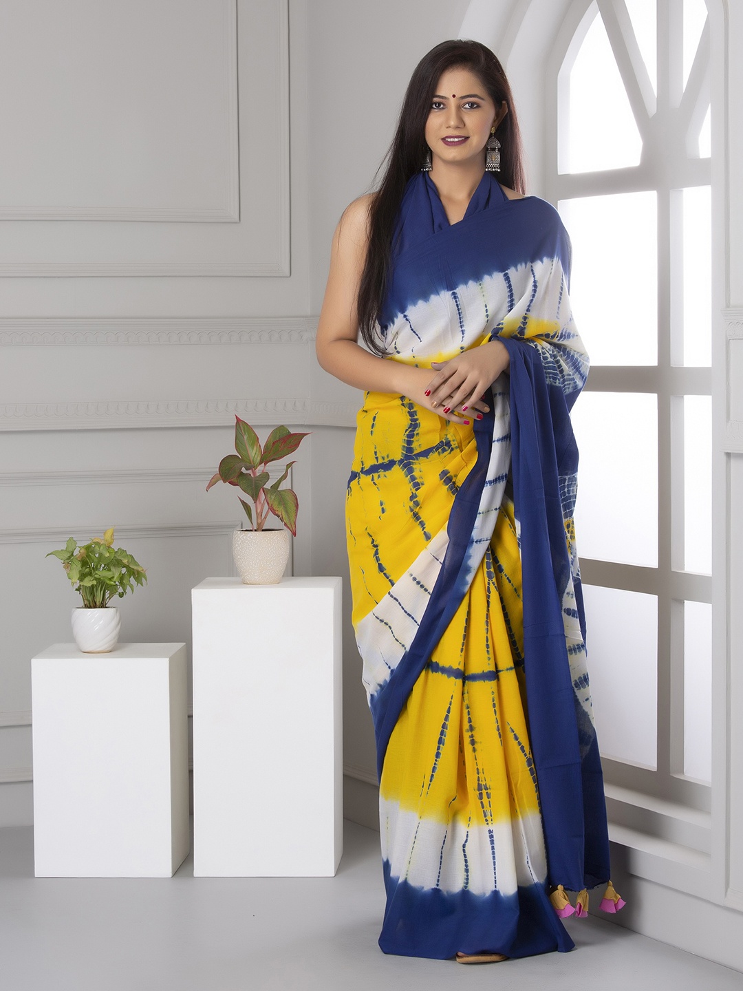 

Sanganeri Print Tie and Dye Pure Cotton Block Print Saree, Yellow