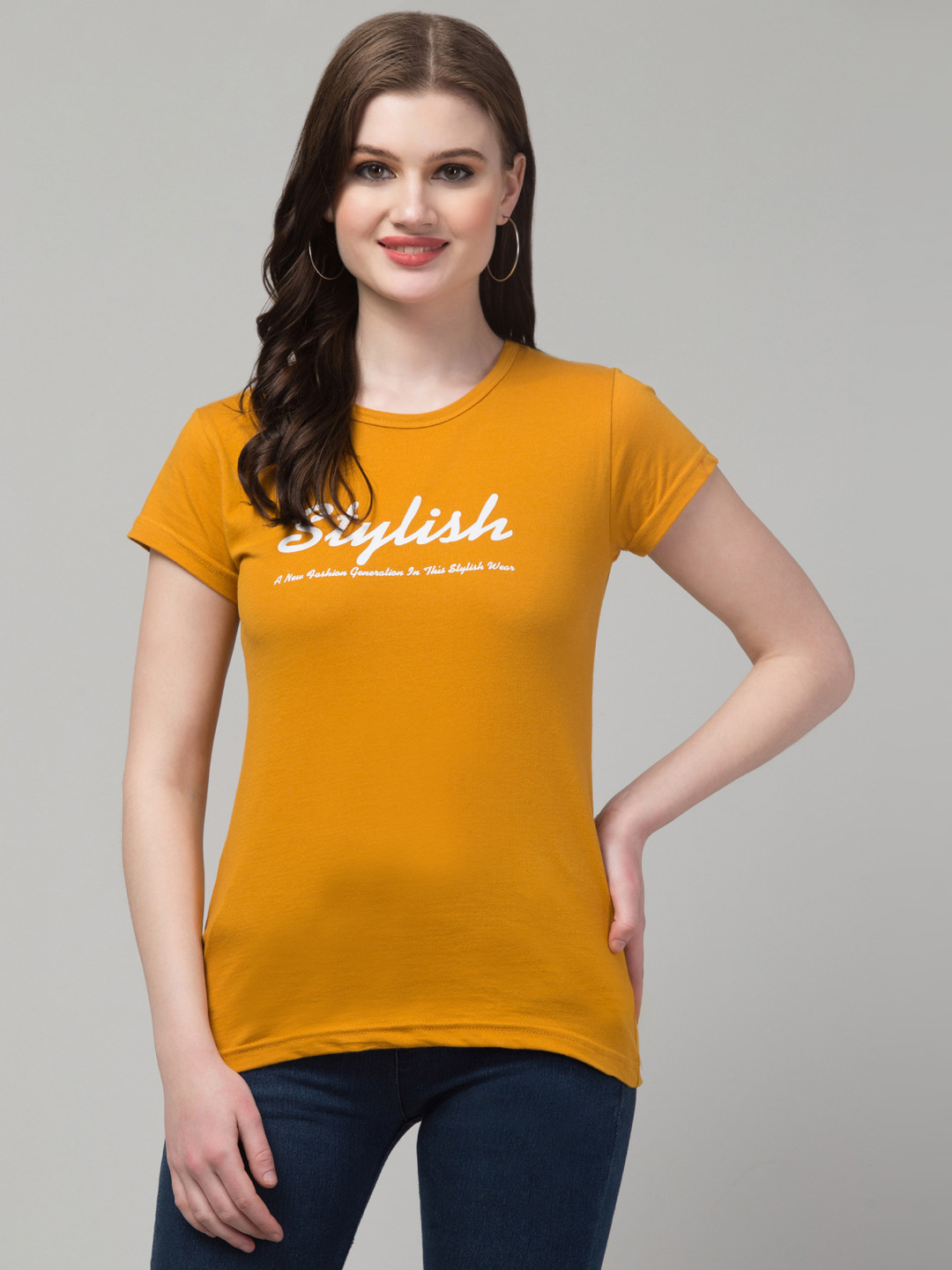 

Trend Level Round Neck Short Sleeves Typography Printed Cotton T-shirt, Mustard