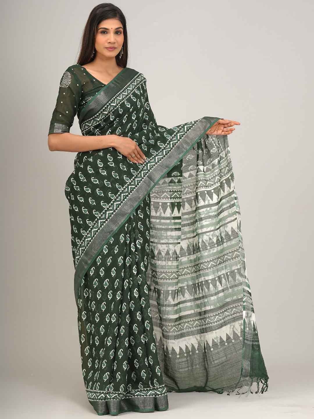 

TROPWEAR Paisley Zari Block Print Saree, Green