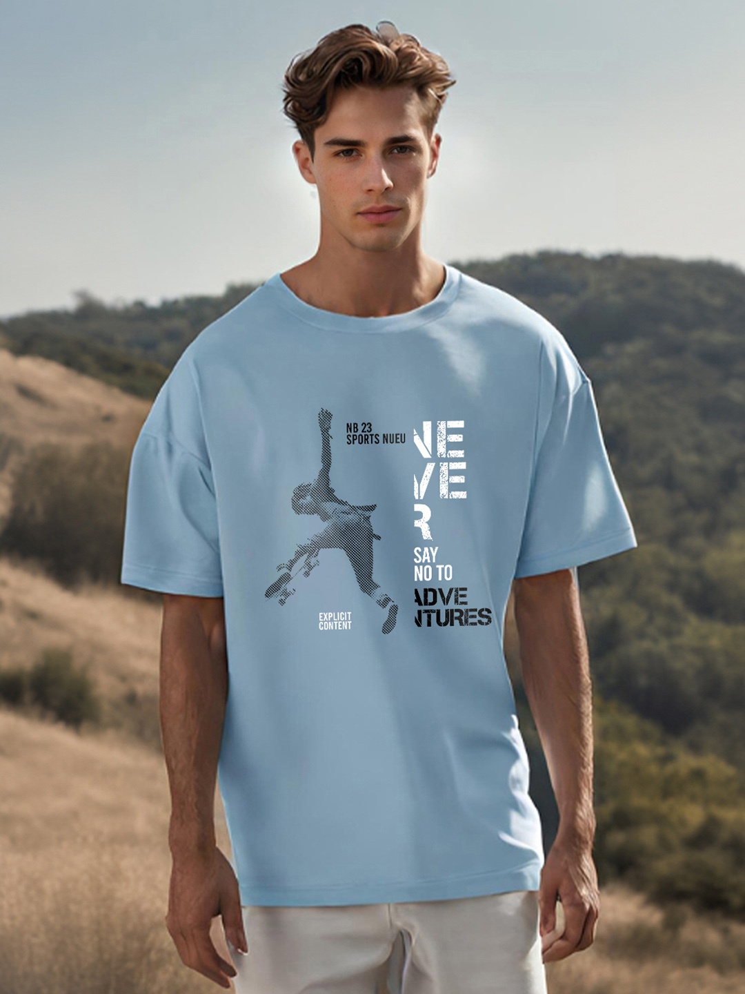 

NOBERO Typography Printed Oversized Pure Cotton T-shirt, Blue