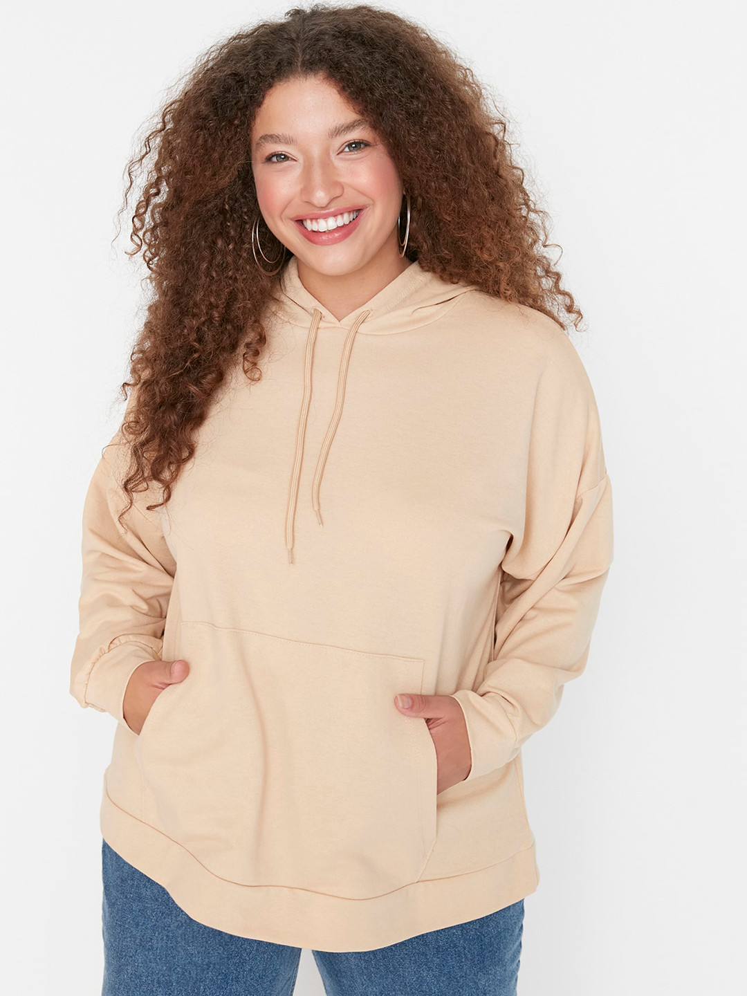 

Trendyol Plus Size Hooded Long Sleeves Pullover, Beige