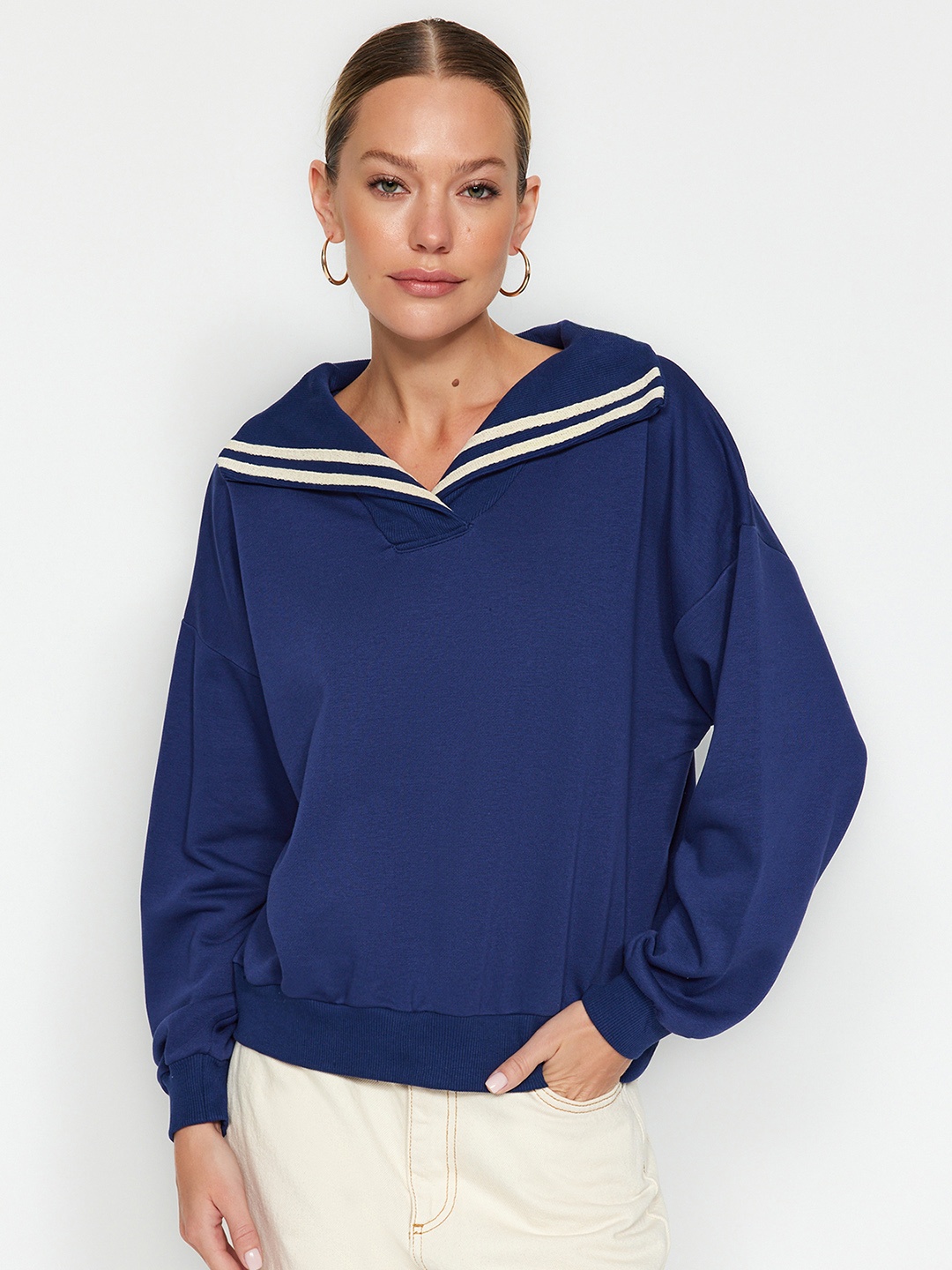 

Trendyol Shirt Collar Drop Shoulder Sleeves Pullover, Blue