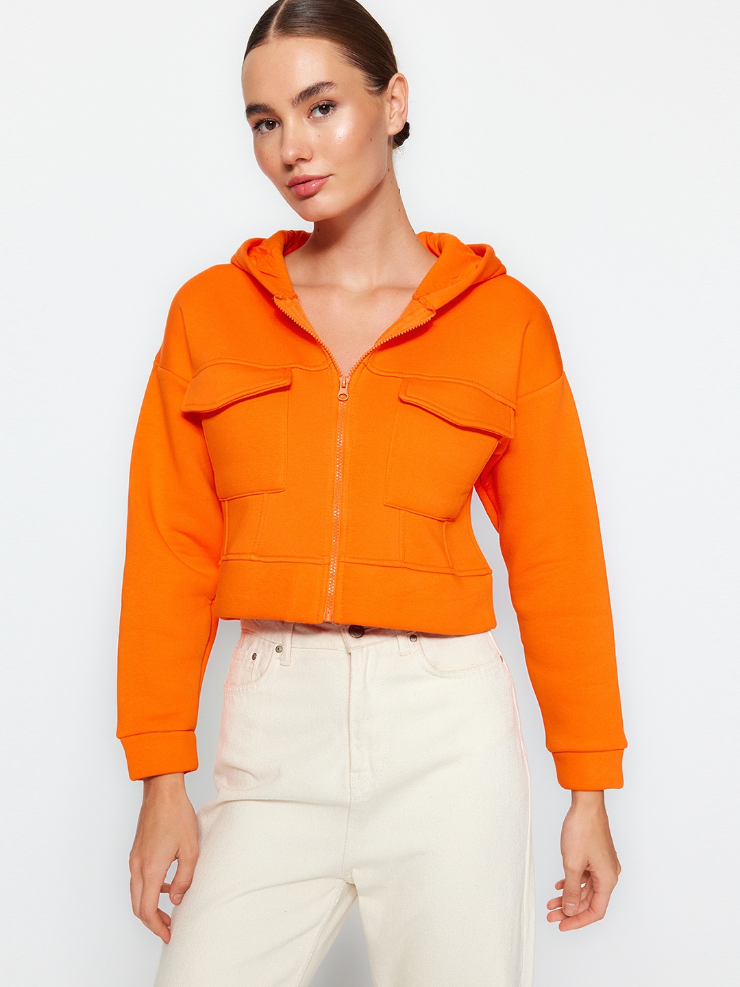 

Trendyol Spread Collar Crop Front Open Sweatshirt, Orange