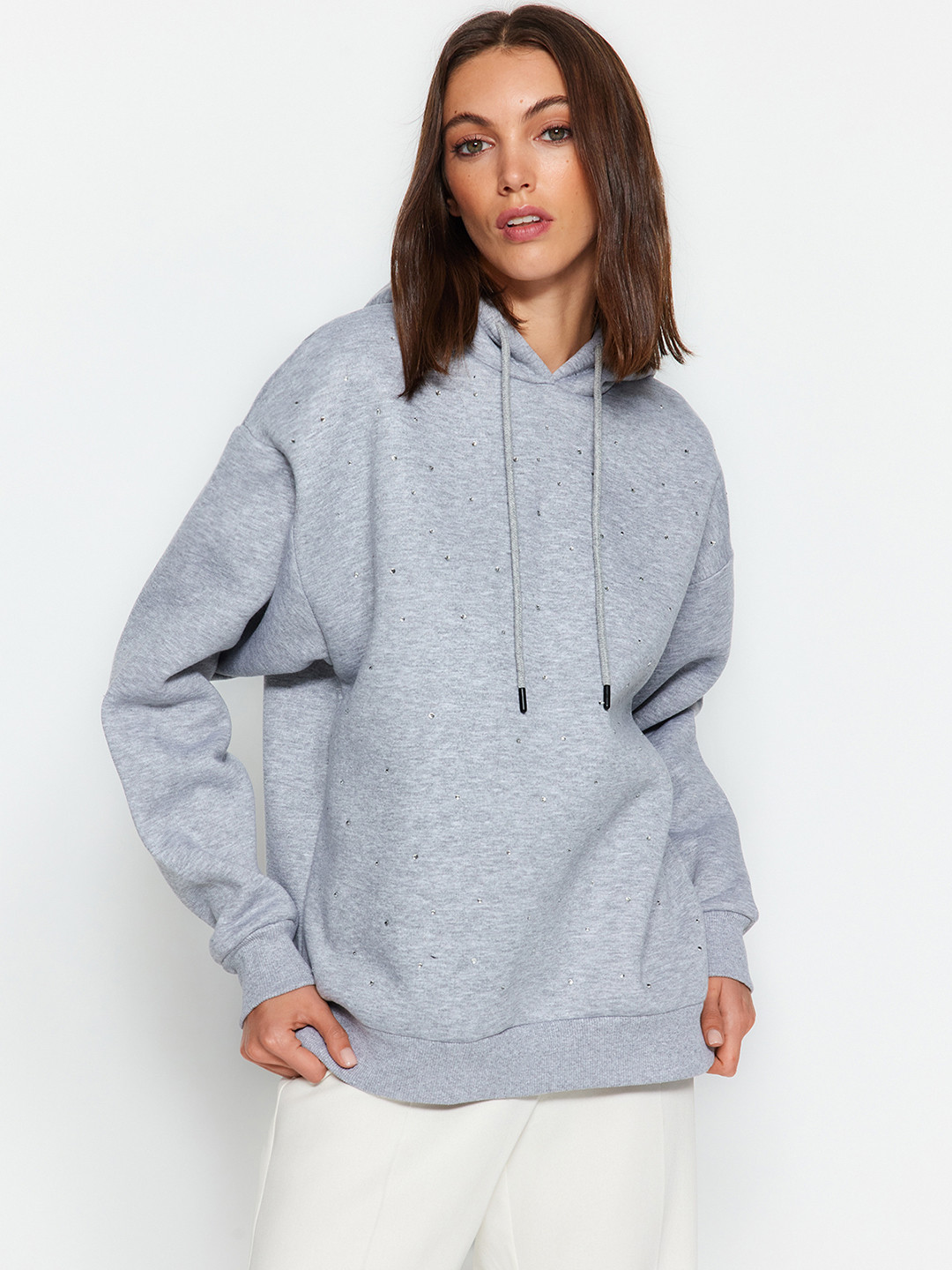 

Trendyol Embellished Hooded Pullover Sweatshirt, Grey