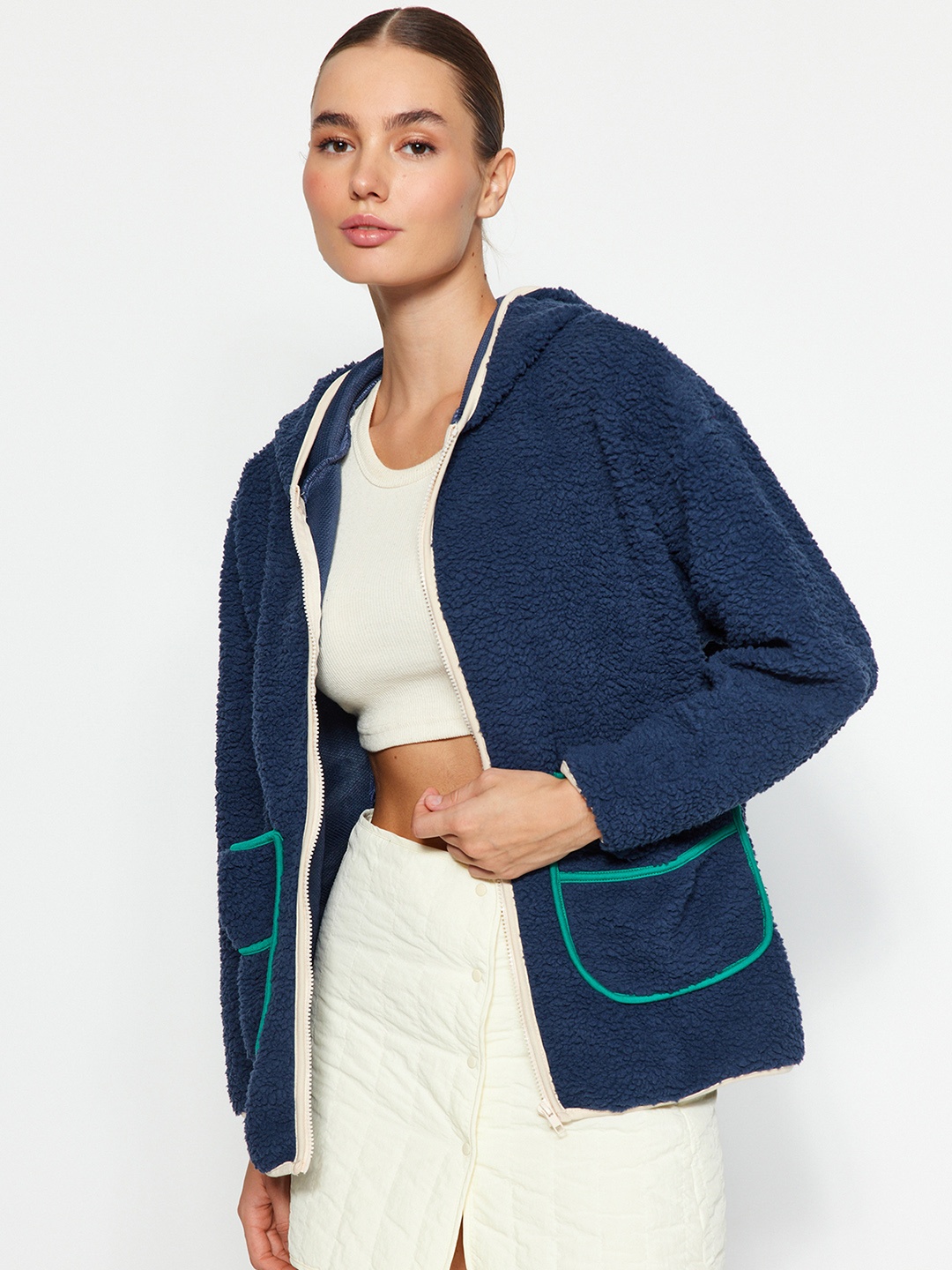 

Trendyol Hooded Front-Open Sweatshirt, Blue