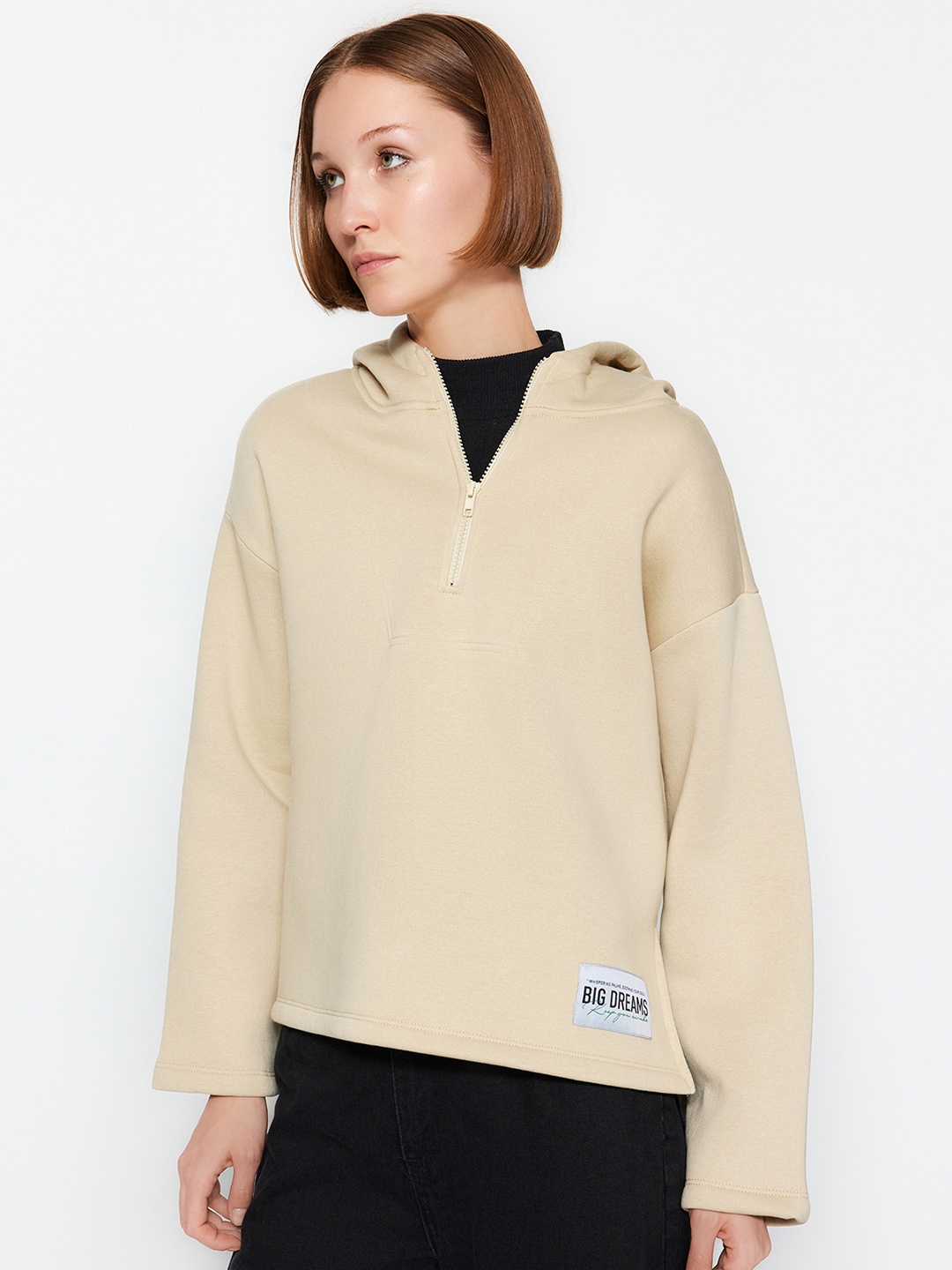 

Trendyol Drop Shoulder Sleeves Hooded Pullover, Beige
