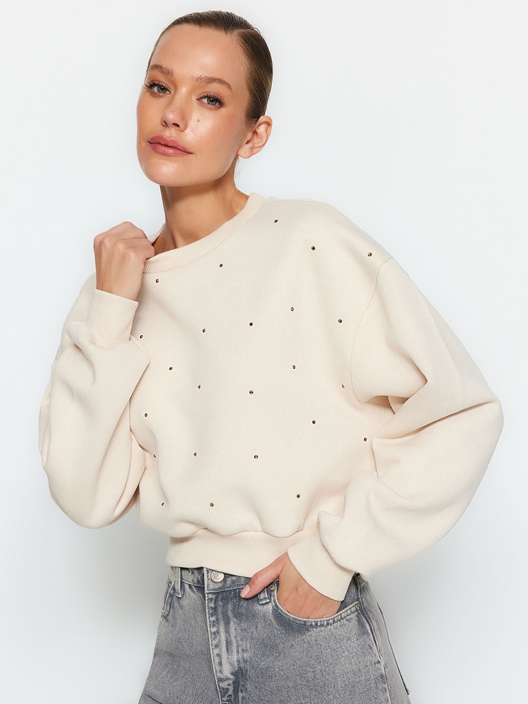 

Trendyol Polka Dot Printed Drop Shoulder Sleeves Pullover, Cream