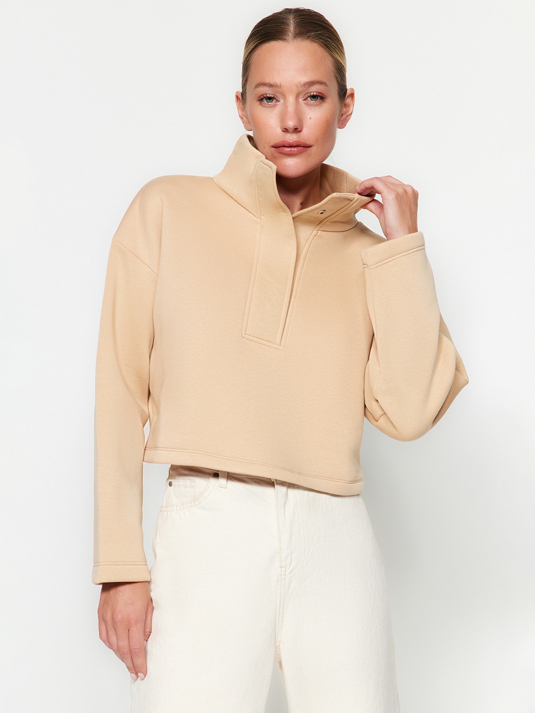 

Trendyol Shirt Collar Sweatshirt, Beige