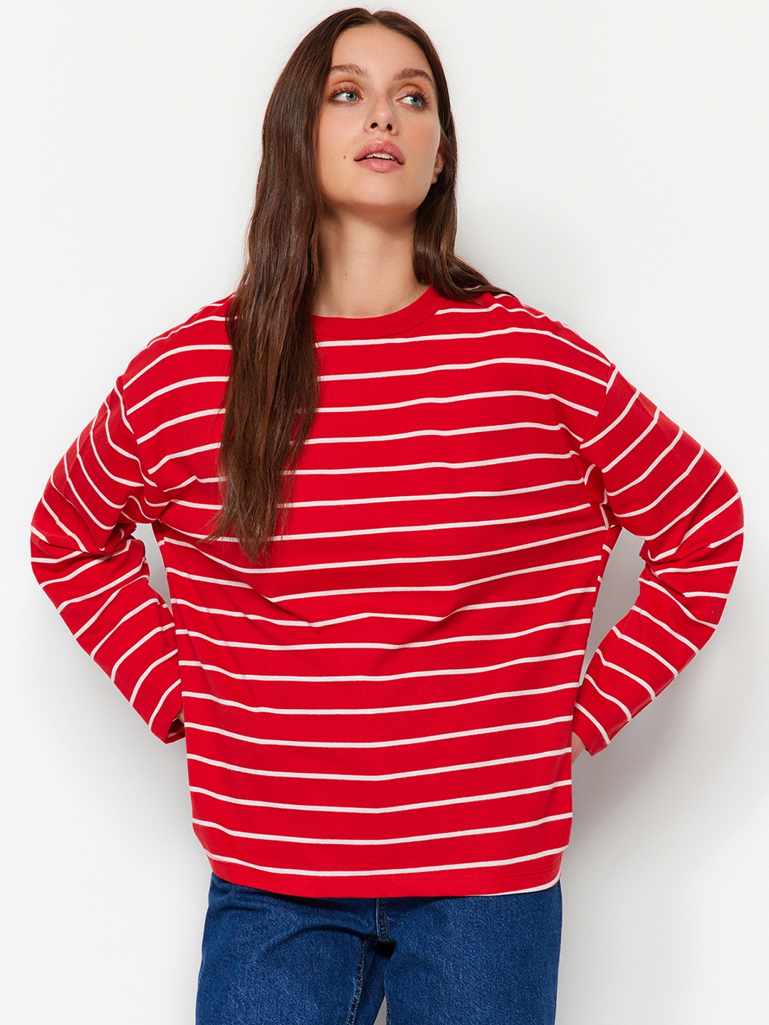

Trendyol Striped Round Neck Pullover Sweatshirt, Red