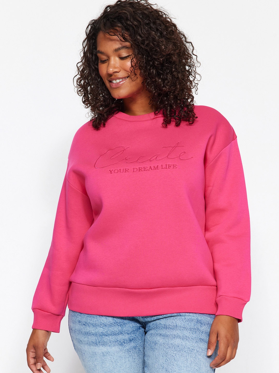 

Trendyol Plus Size Typography Printed Long Sleeves Pullover, Pink