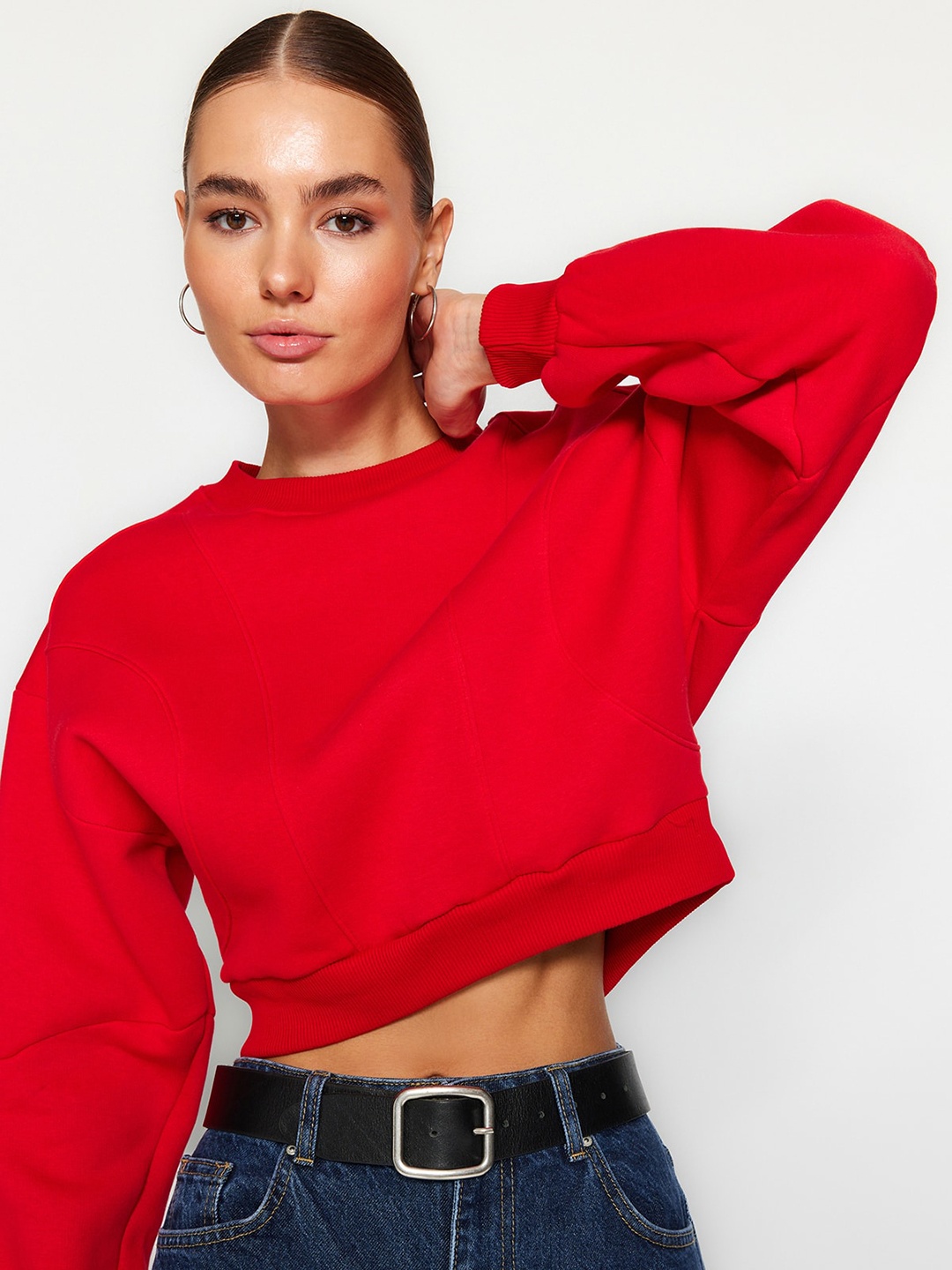 

Trendyol Round Neck Long Sleeves Crop Pullover Sweatshirt, Red