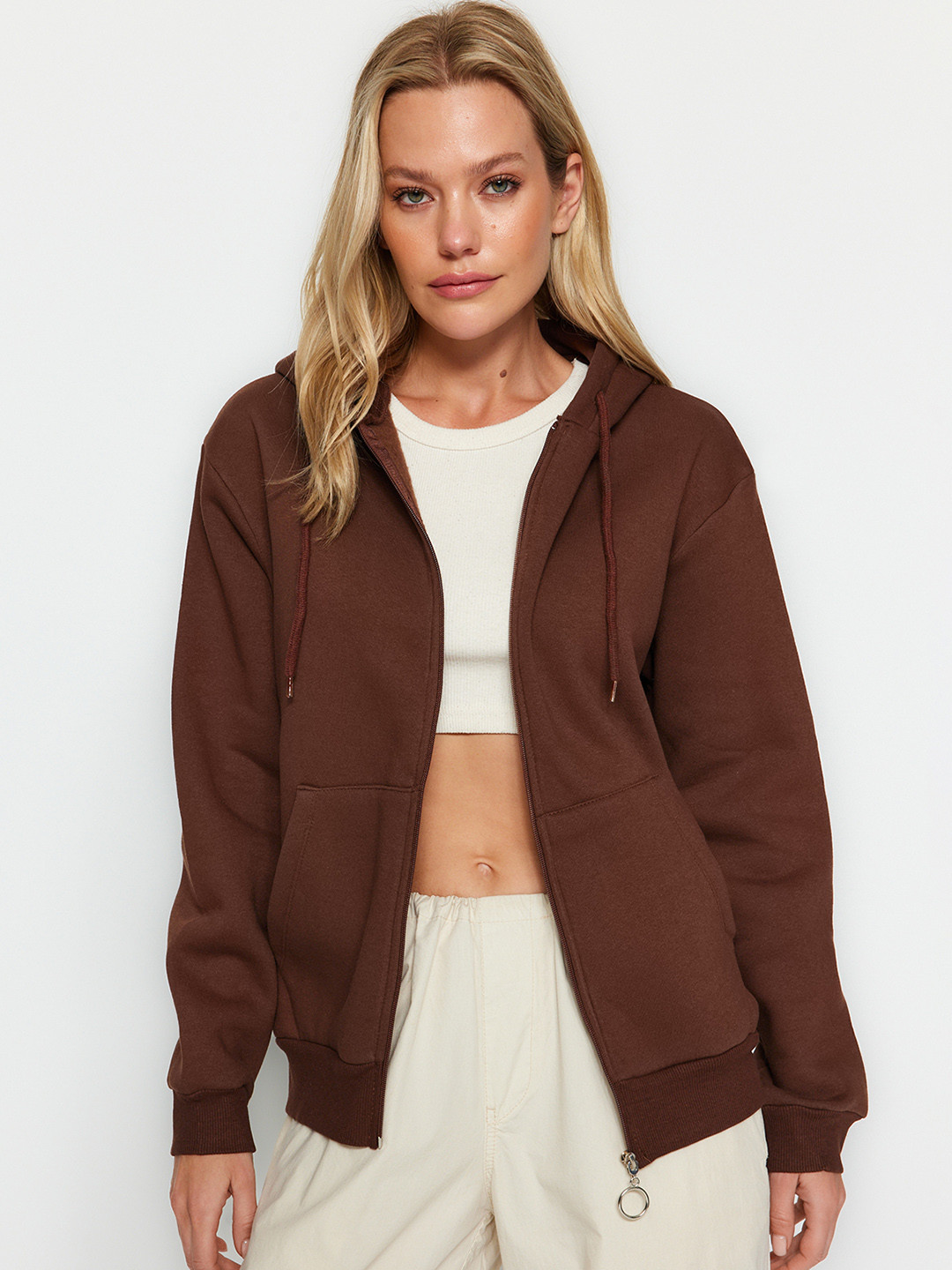 

Trendyol Hooded Front-Open Sweatshirt, Brown