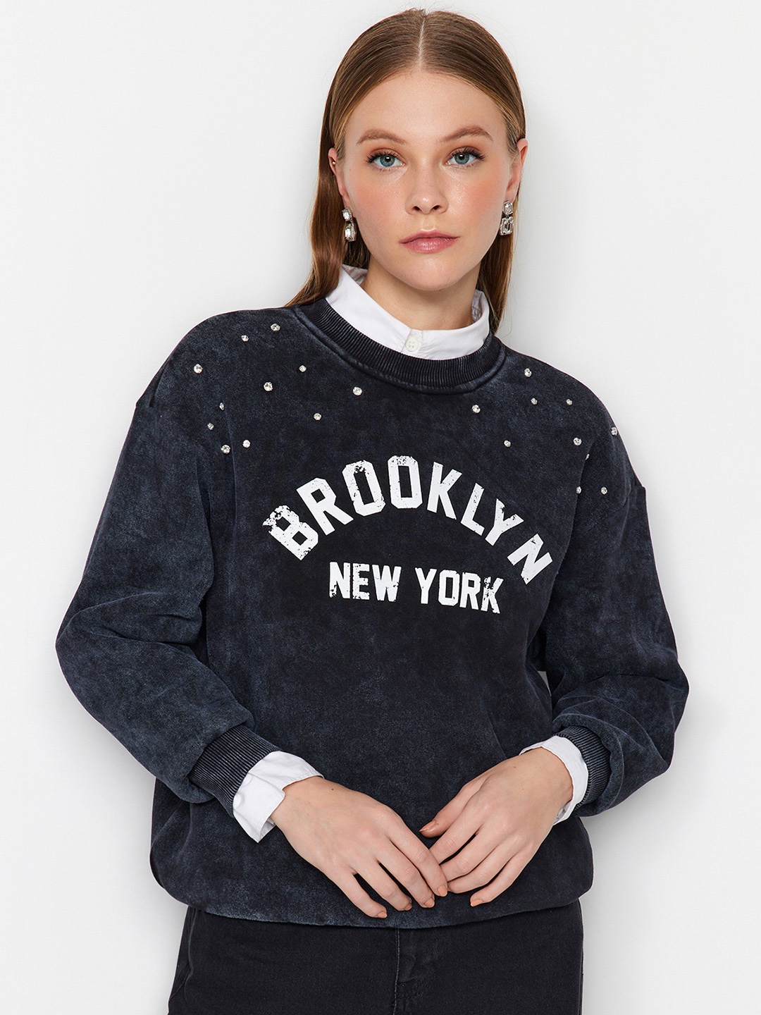 

Trendyol Typography Printed Round Neck Sweatshirt, Blue