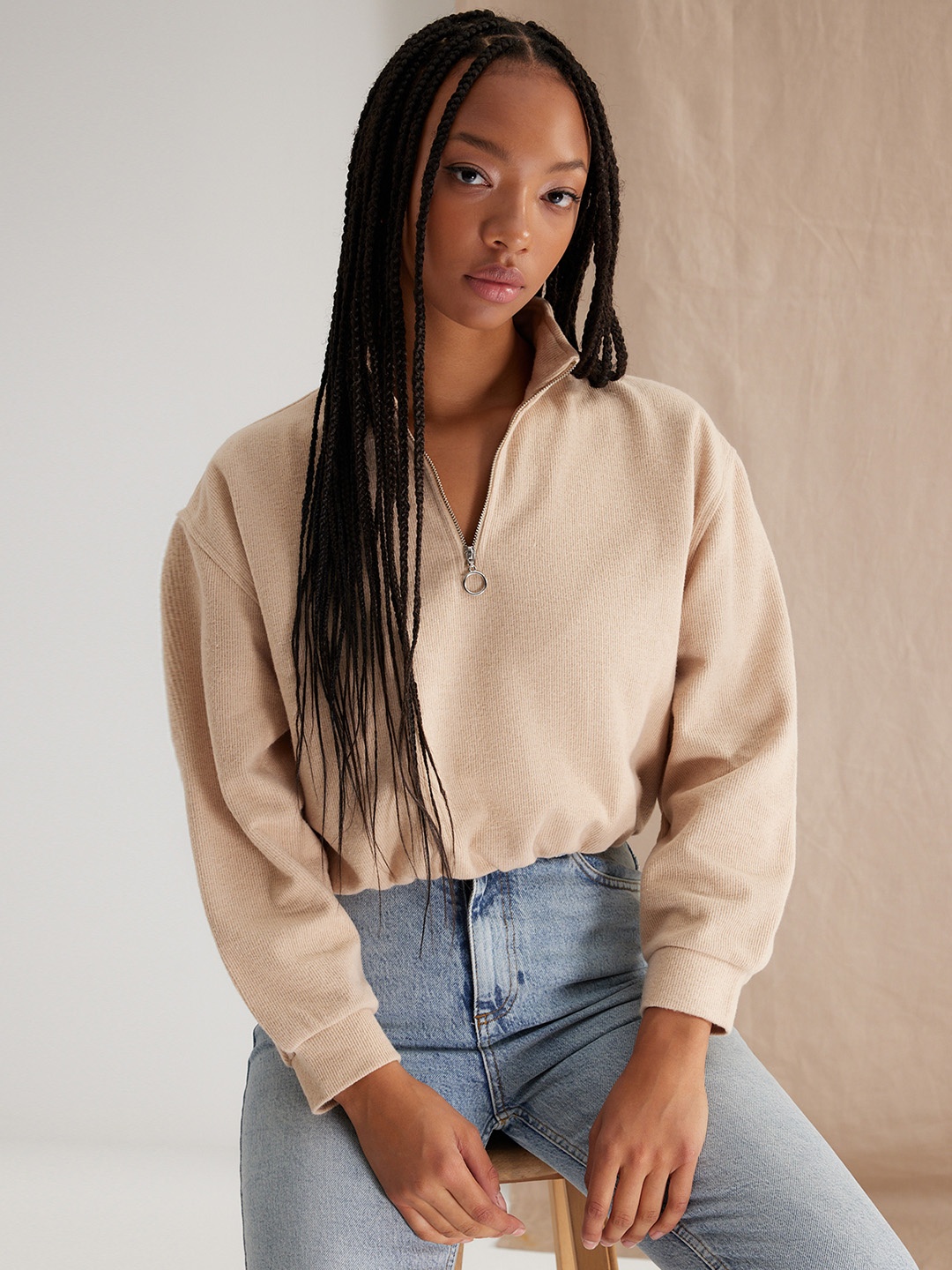 

Trendyol Self Design Mock Collar Pullover Sweatshirt, Beige