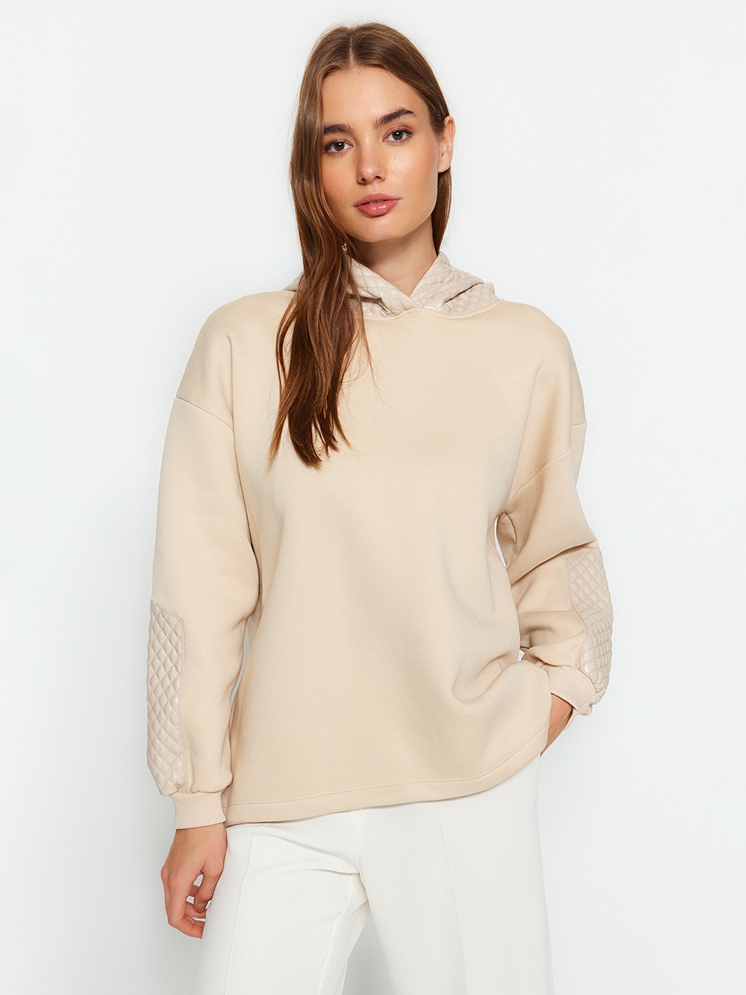 

Trendyol Drop Shoulder Sleeves Hooded Pullover, Beige