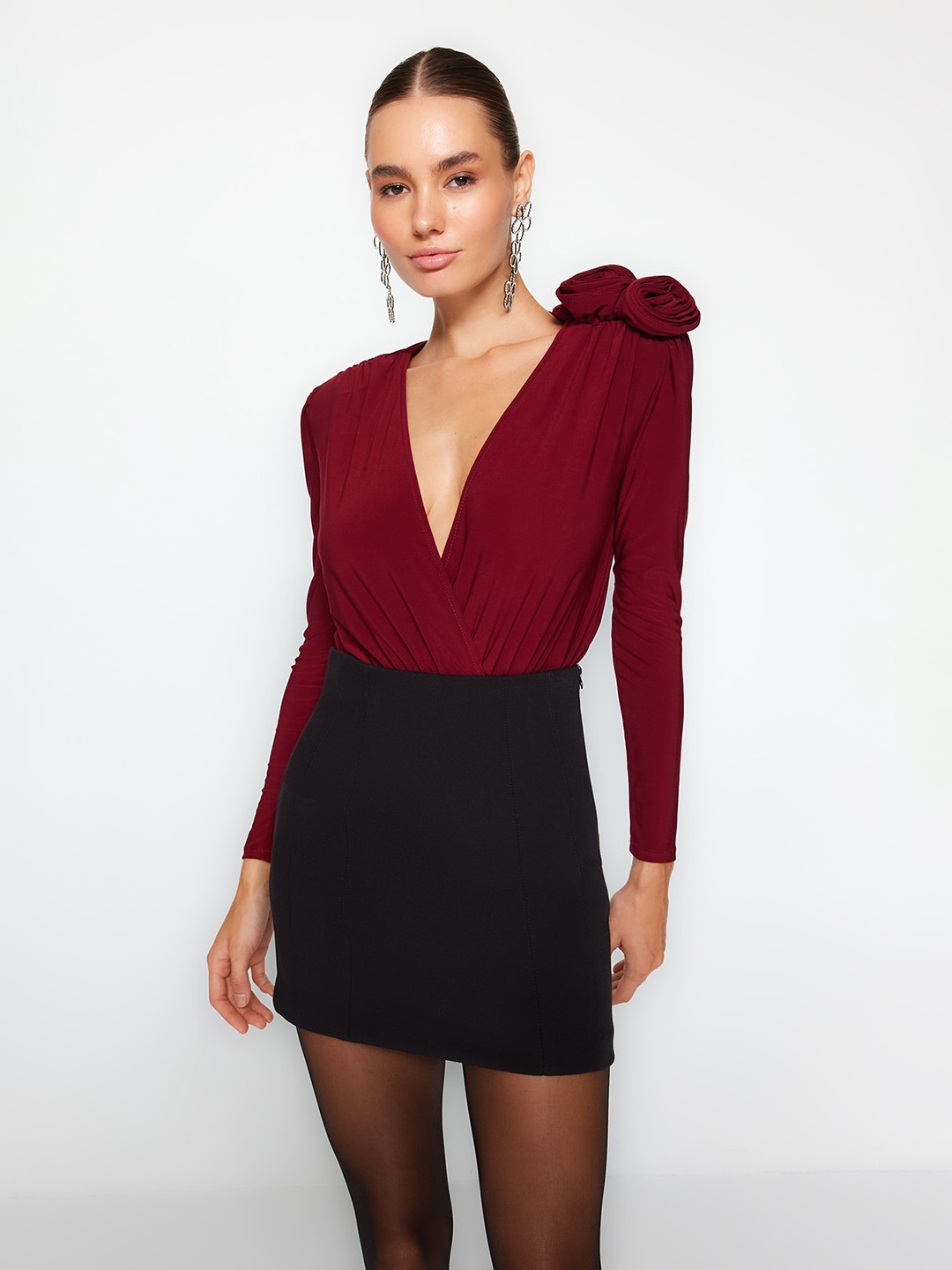 

Trendyol Puff Sleeve Net Wrap Top, Burgundy