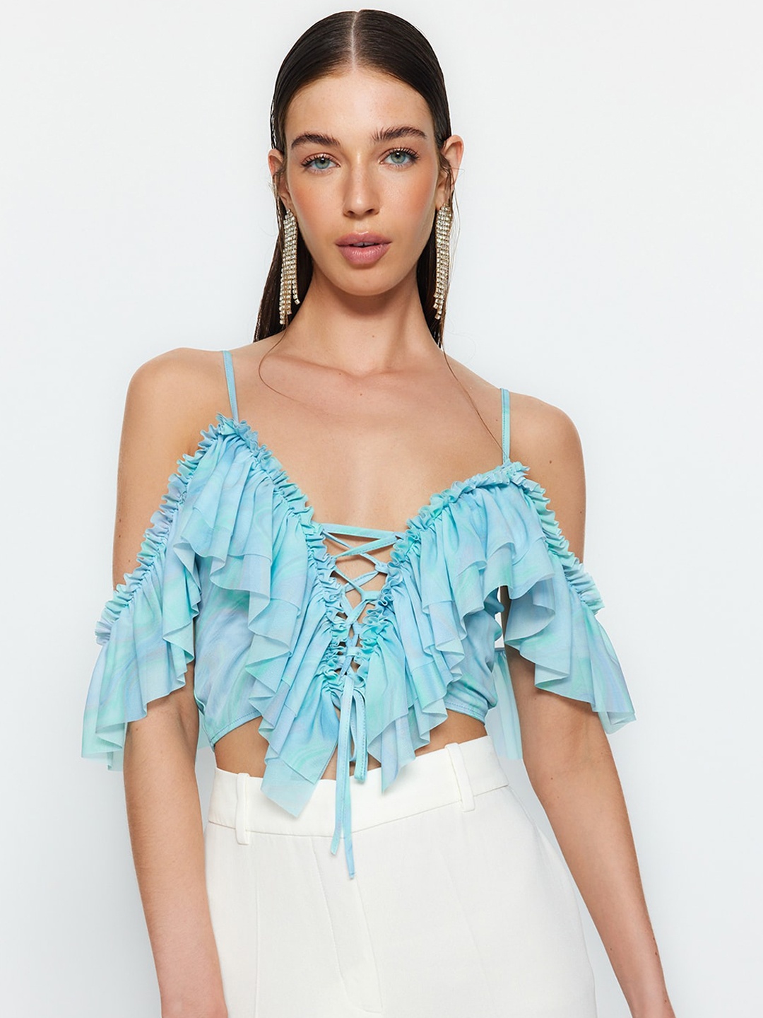 

Trendyol Ruffles Detailed Cold-Shoulder Sleeves Net Crop Top, Blue