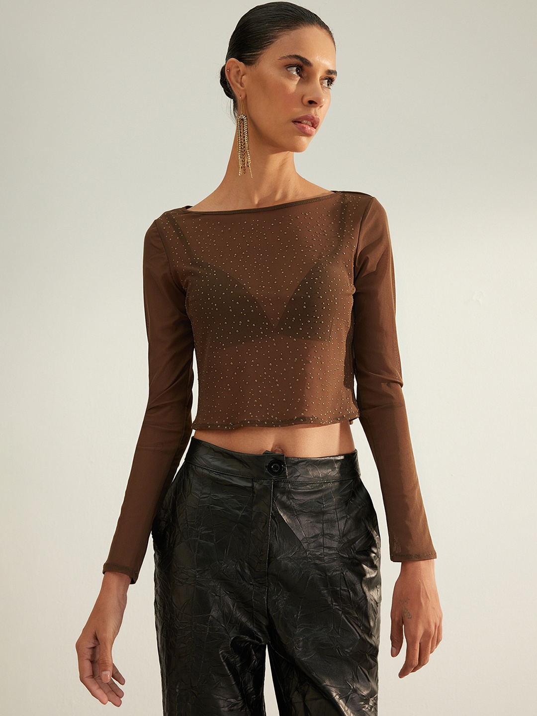 

Trendyol Semi Sheer Boat Neck Crop Top, Brown