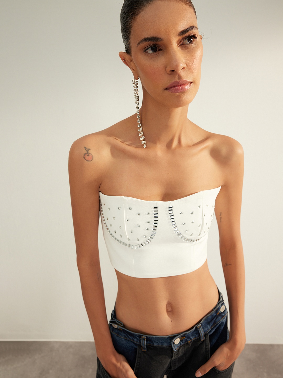 

Trendyol Embellished Net Tube Crop Top, White