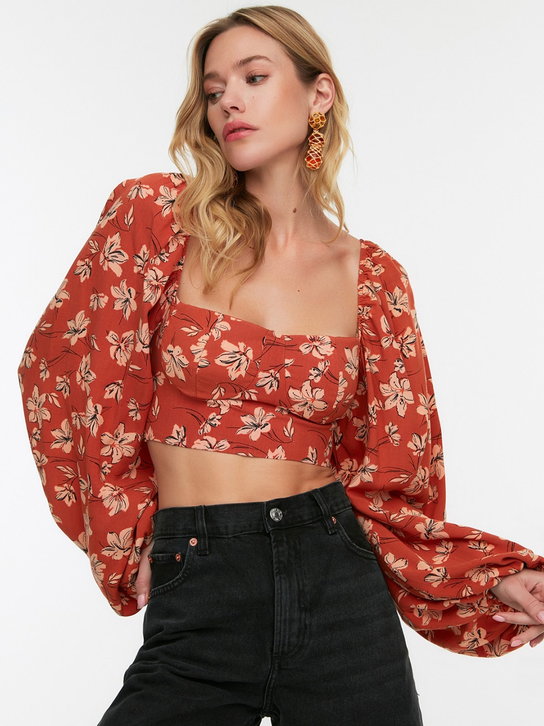 

Trendyol Floral Print Puff Sleeve Crop Top, Rust