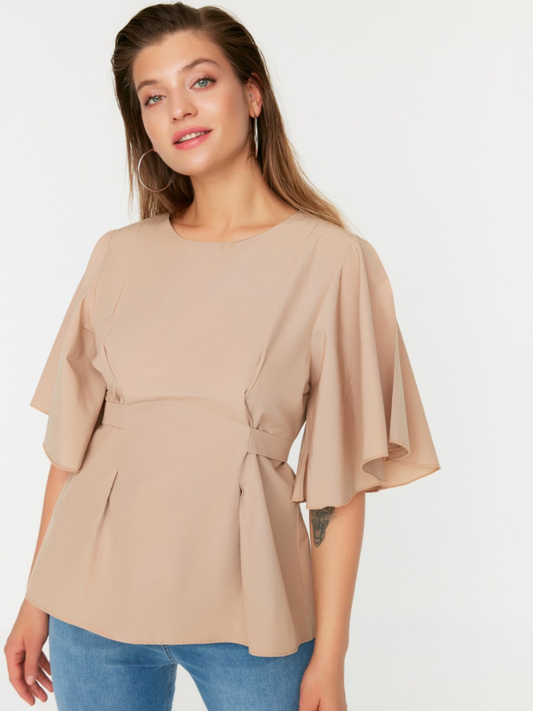 

Trendyol Flared Sleeve Pure Cotton Cinched Waist Top, Beige
