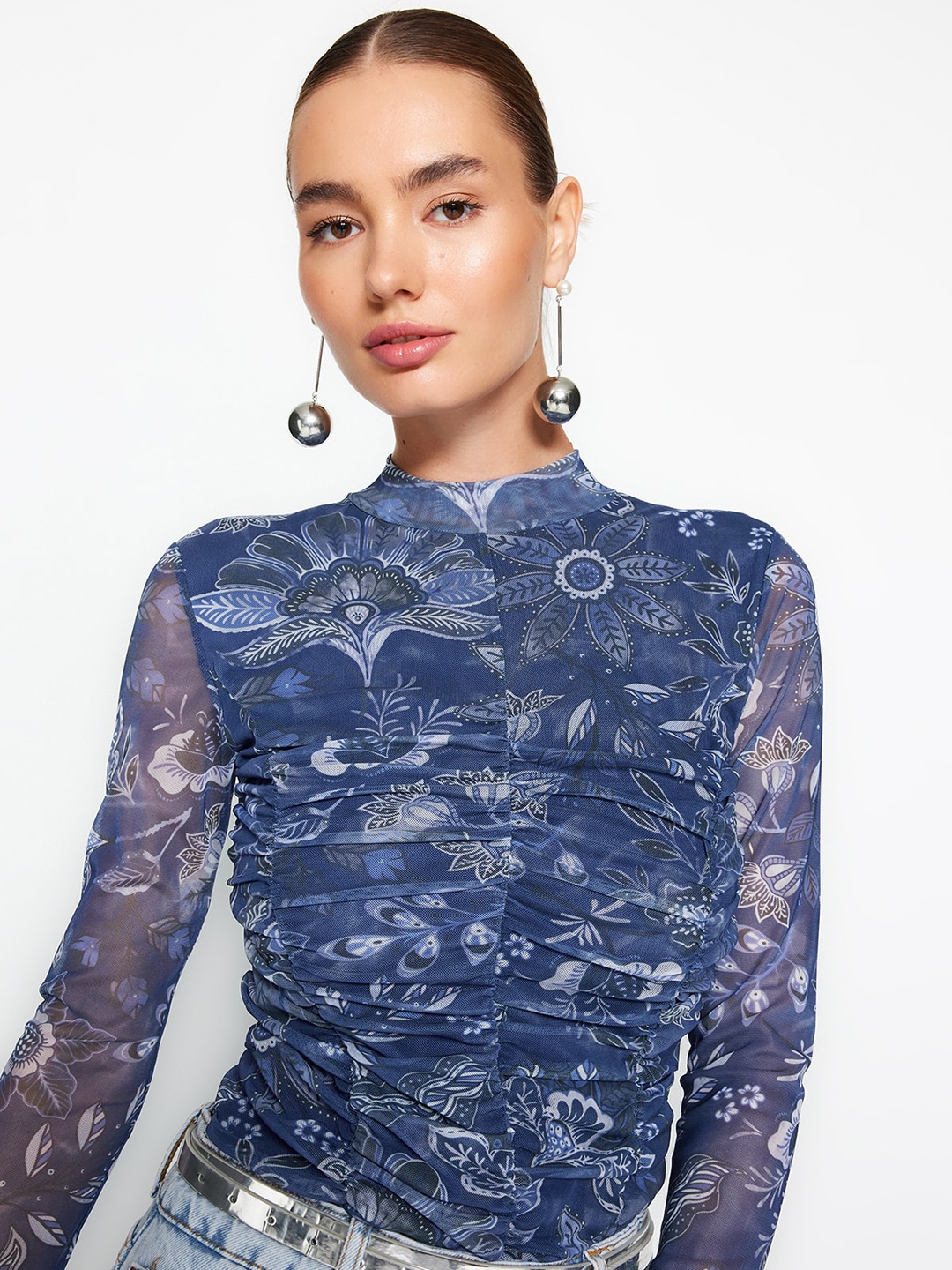 

Trendyol Floral Print Long Sleeves Net Top, Blue