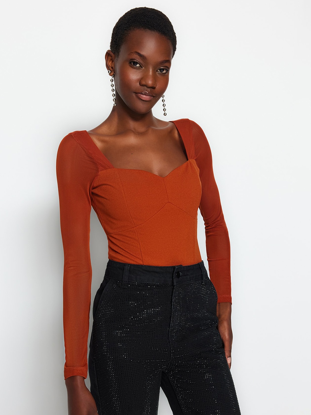 

Trendyol Sweetheart Neck Net Fitted Top, Rust