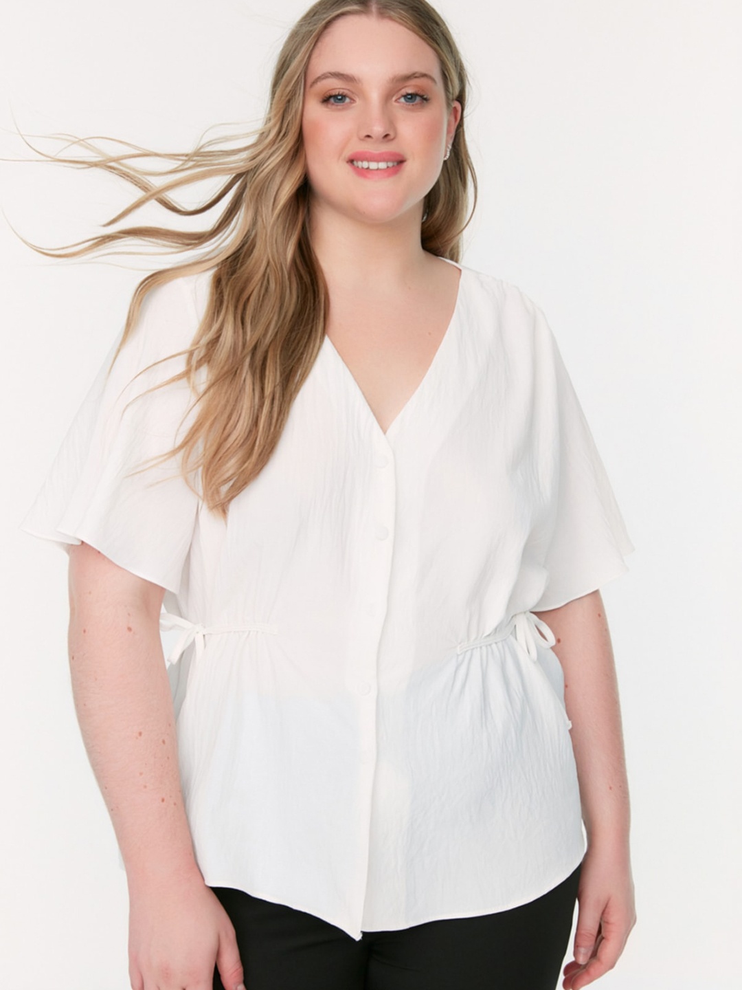 

Trendyol V-Neck Short Sleeves Tie-Ups Net Top, Na