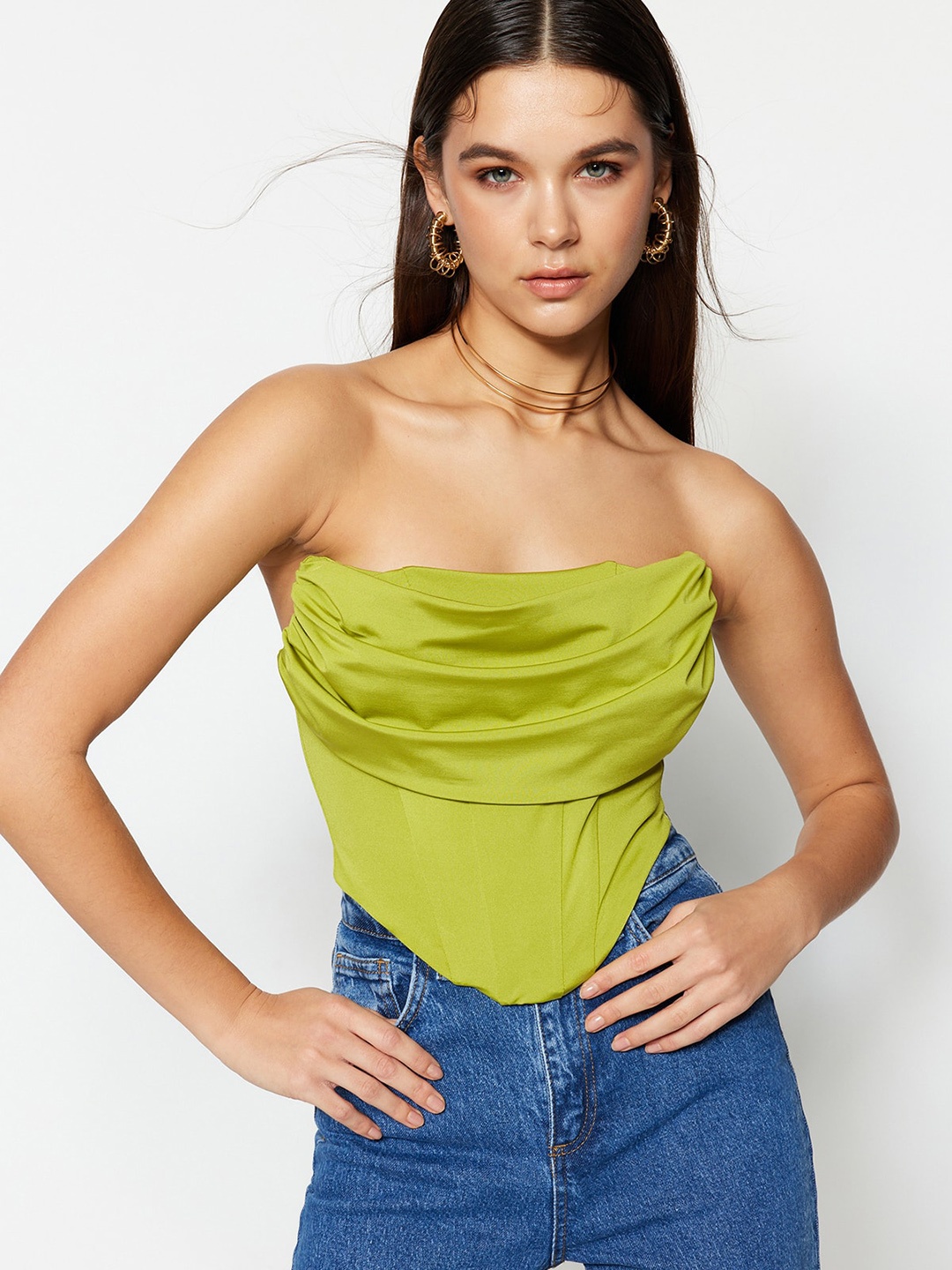 

Trendyol Ruched Strapless Corset Crop Top, Lime green