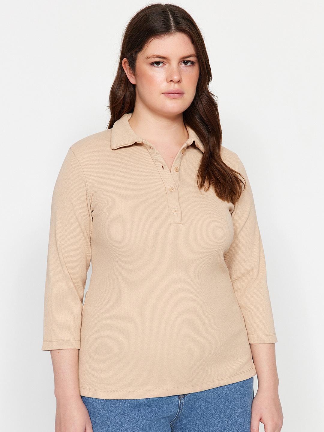 

Trendyol Polo Collar Three-Quarter Sleeves Regular T-shirt, Beige
