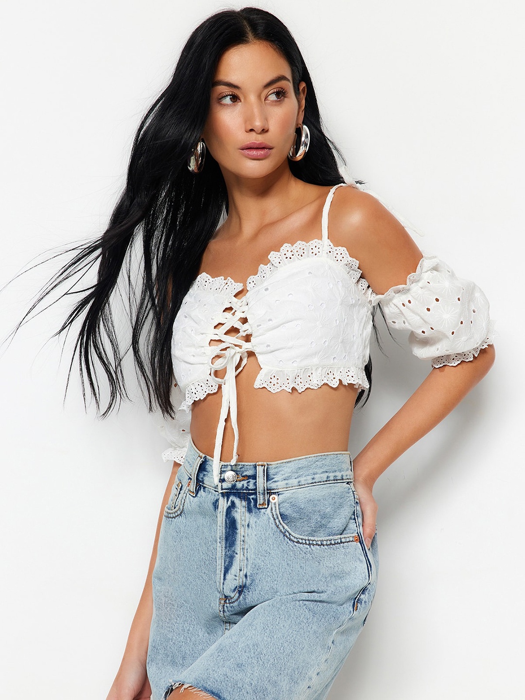 

Trendyol Puff Sleeve Cotton Net Tie-Ups Bardot Crop Top, White