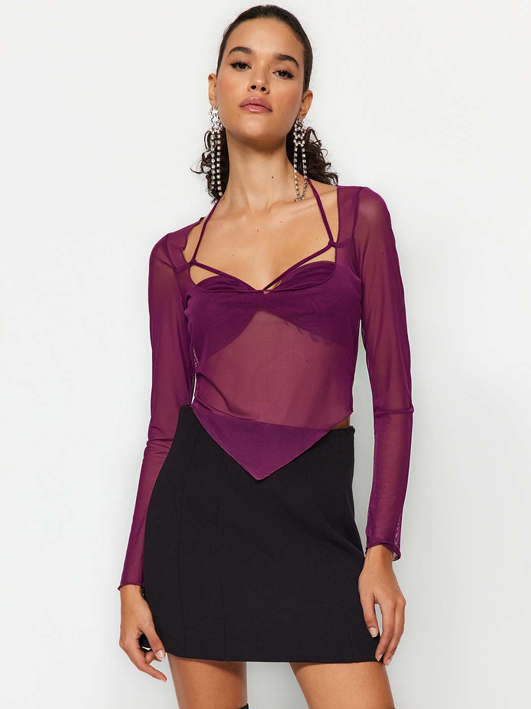 

Trendyol V-Neck Long Sleeves Tie Up Net Top, Purple