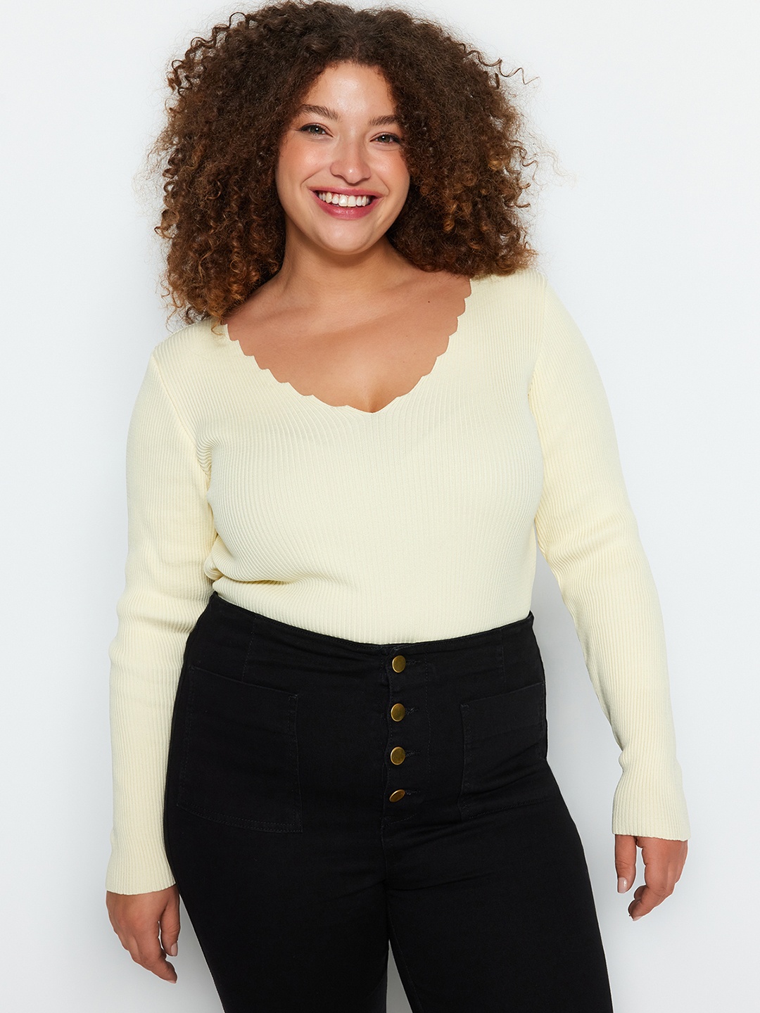 

Trendyol Plus Size Vertical Striped V-Neck Net Fitted Top, Off white