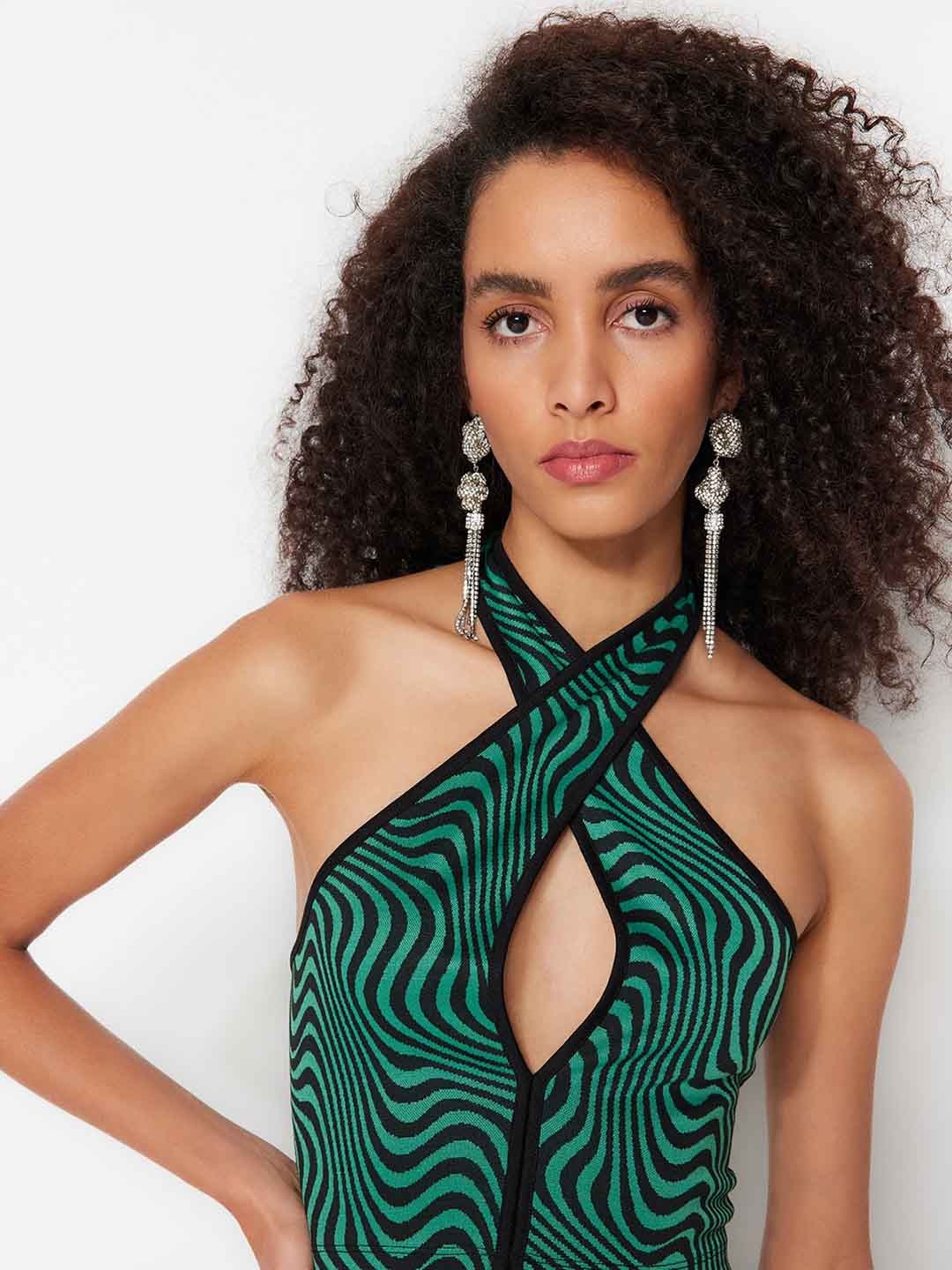 

Trendyol Abstract Printed Halter Neck Net Crop Fitted Top, Green