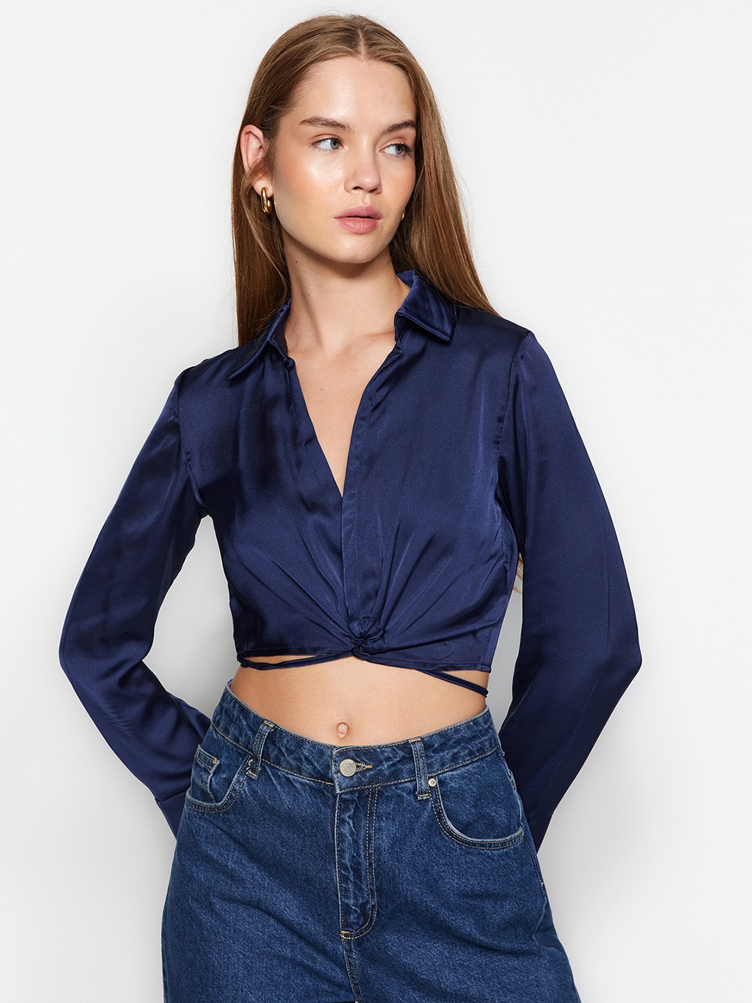 

Trendyol Shirt Style Long Sleeves Crop Top, Navy blue