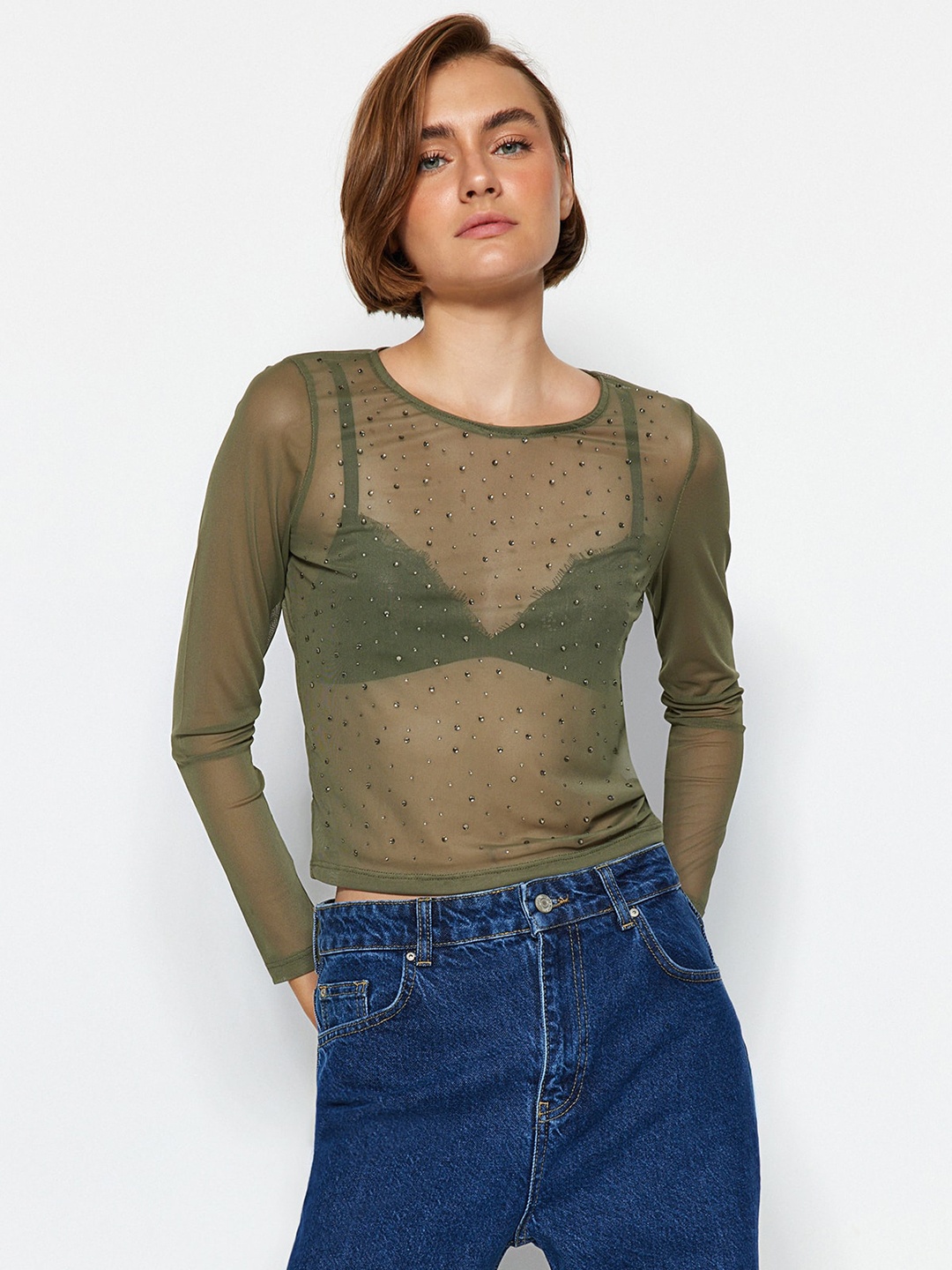 

Trendyol Net Fitted Crop Top, Olive