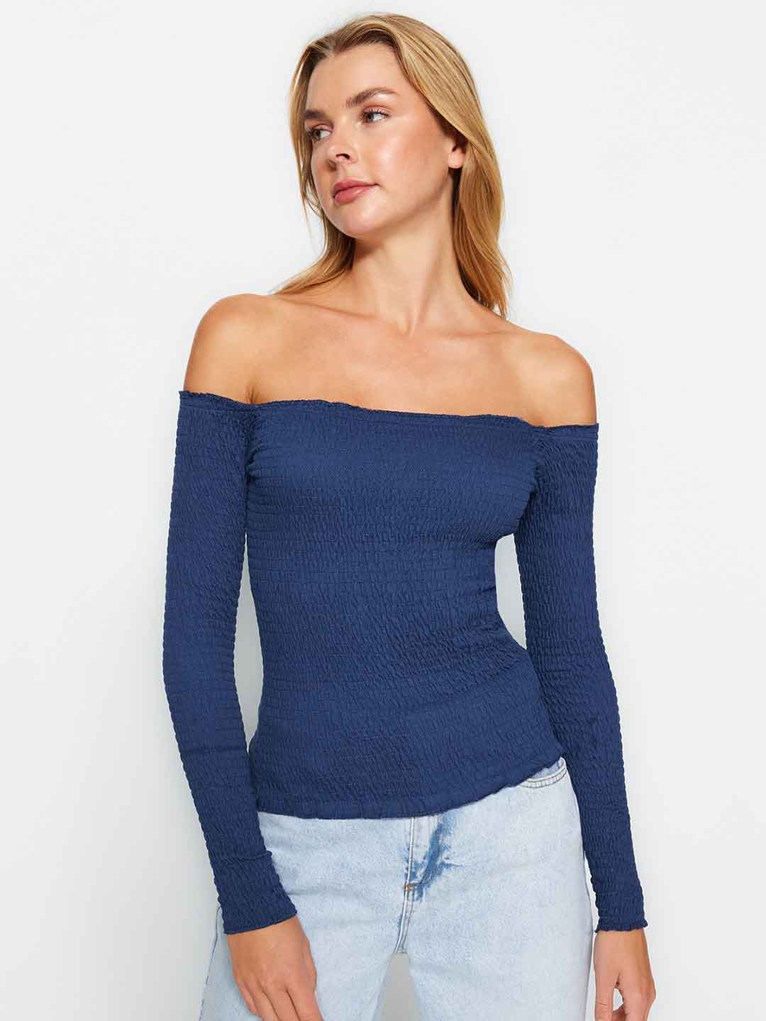 

Trendyol Off-Shoulder Smocked Cotton Bardot Top, Blue