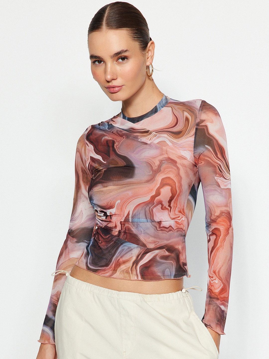 

Trendyol Abstract Printed Net Top, Brown