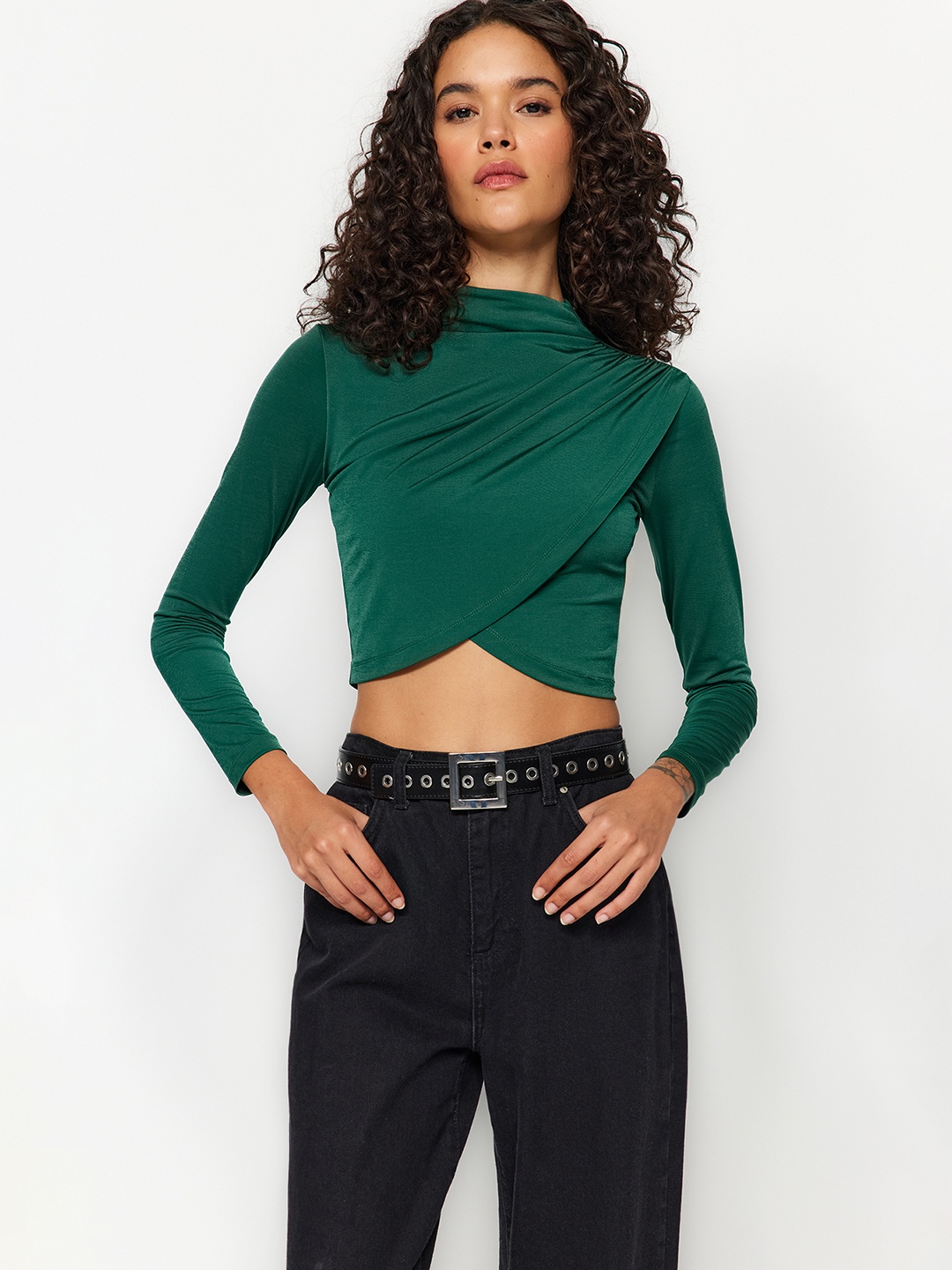 

Trendyol Round Neck Wrap Crop Top, Green