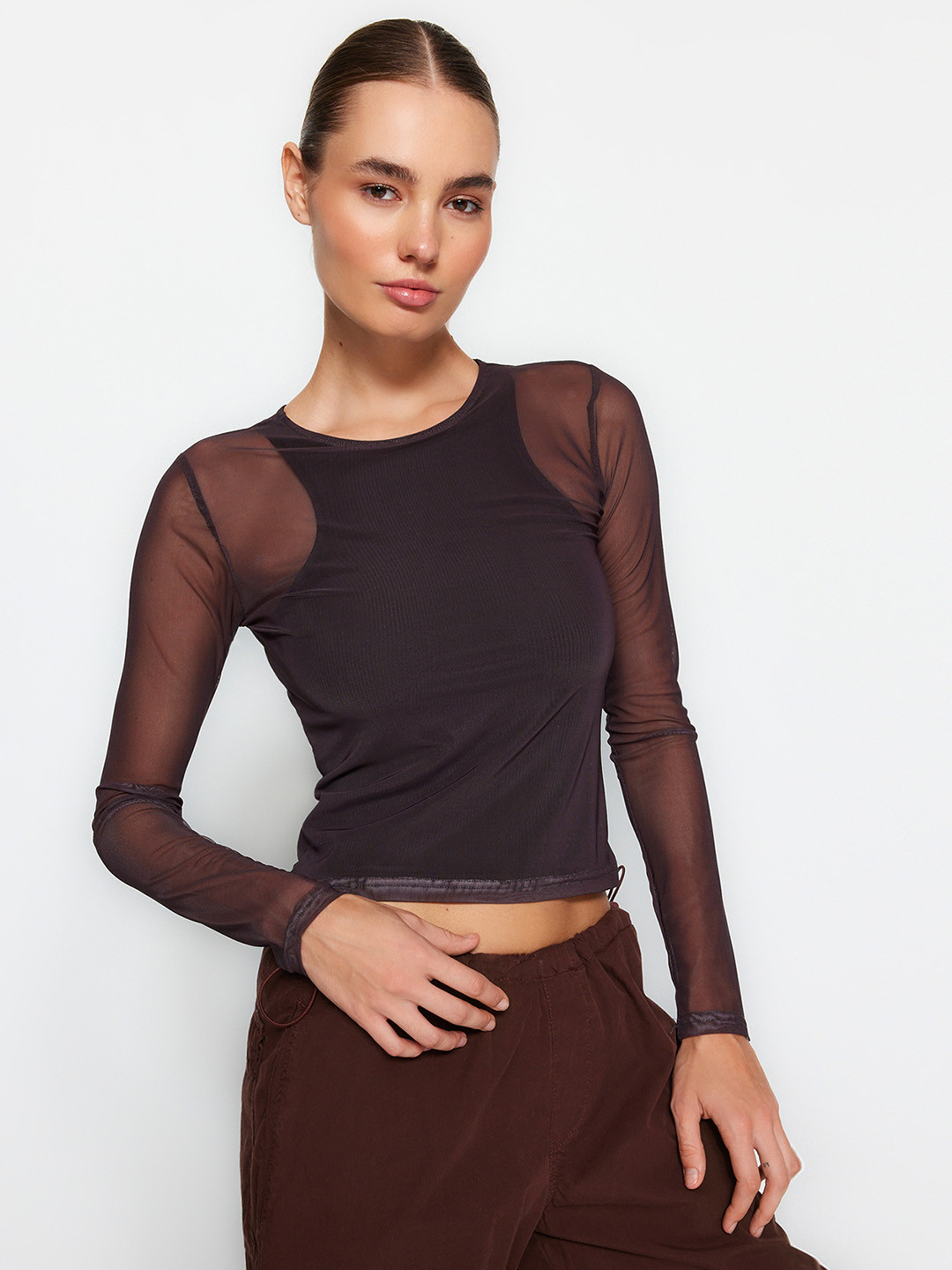 

Trendyol Round Neck Net Crop Top, Black