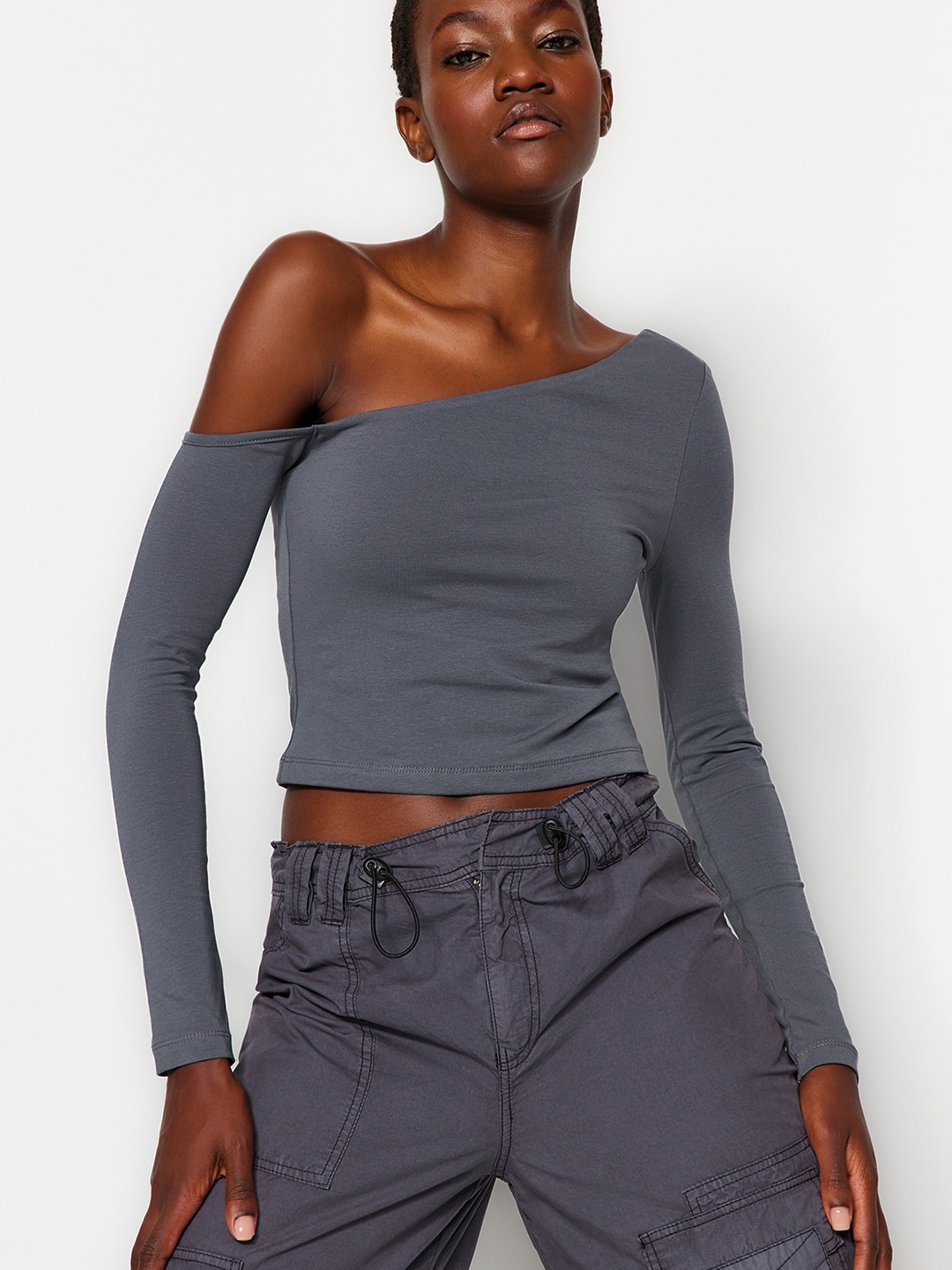 

Trendyol One Shoulder Fitted Crop Top, Grey