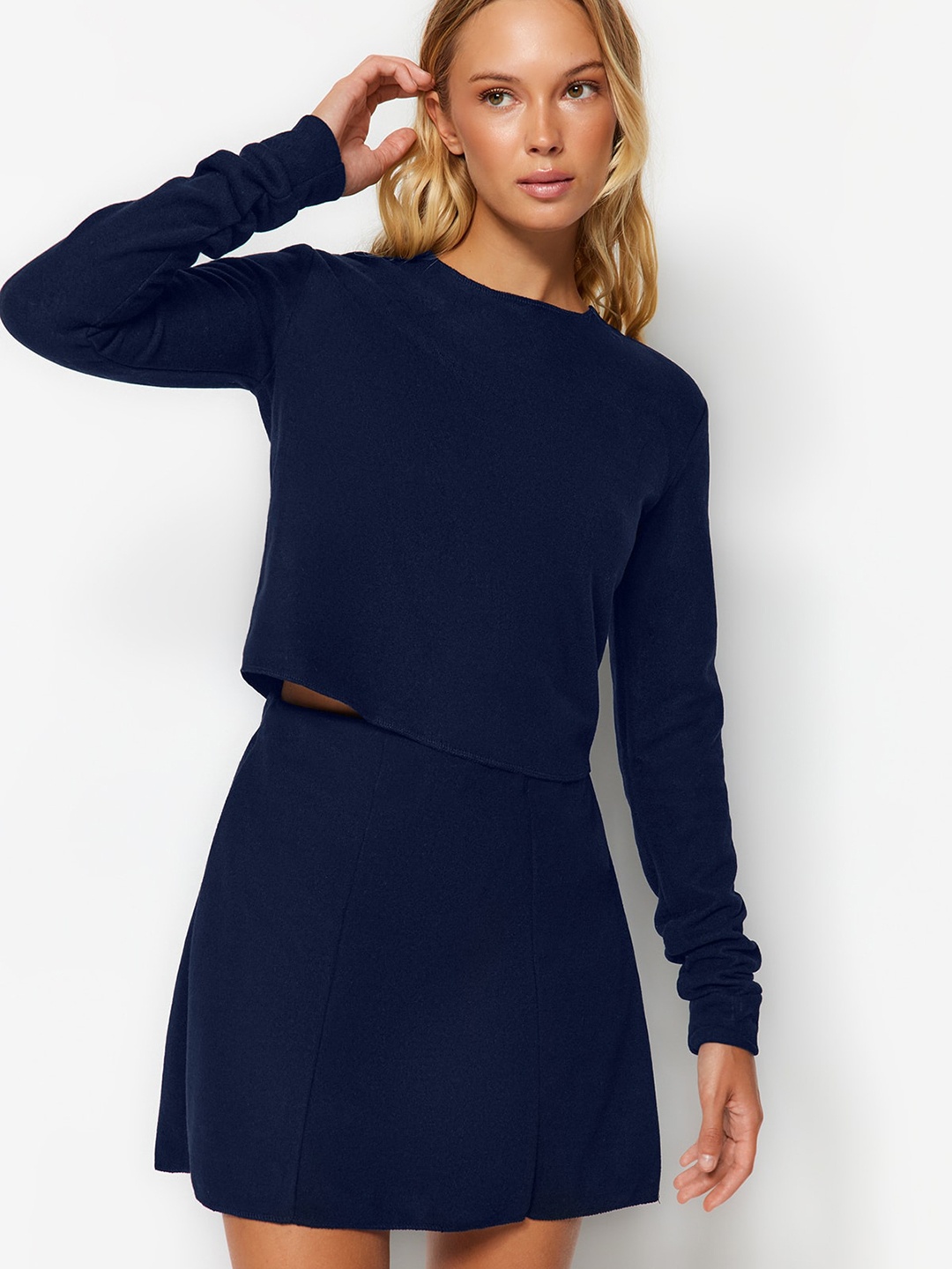 

Trendyol Round Neck Crop Net Top, Navy blue