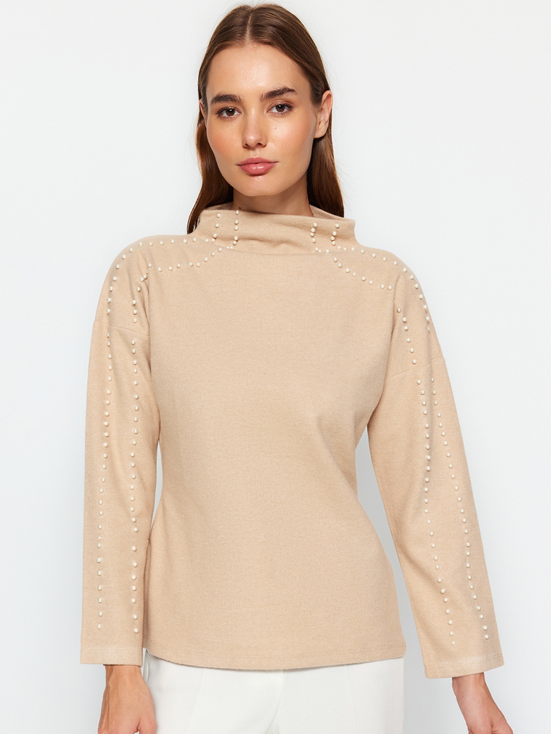 

Trendyol Embellished High Neck Top, Beige