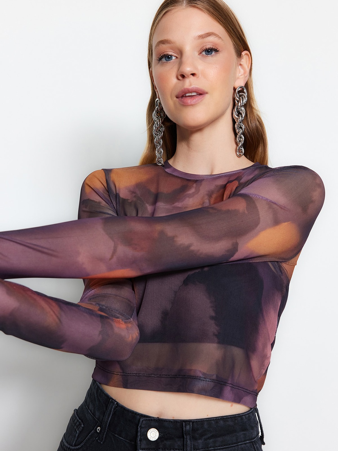 

Trendyol Abstract Printed Semi-Sheer Crop Top, Black