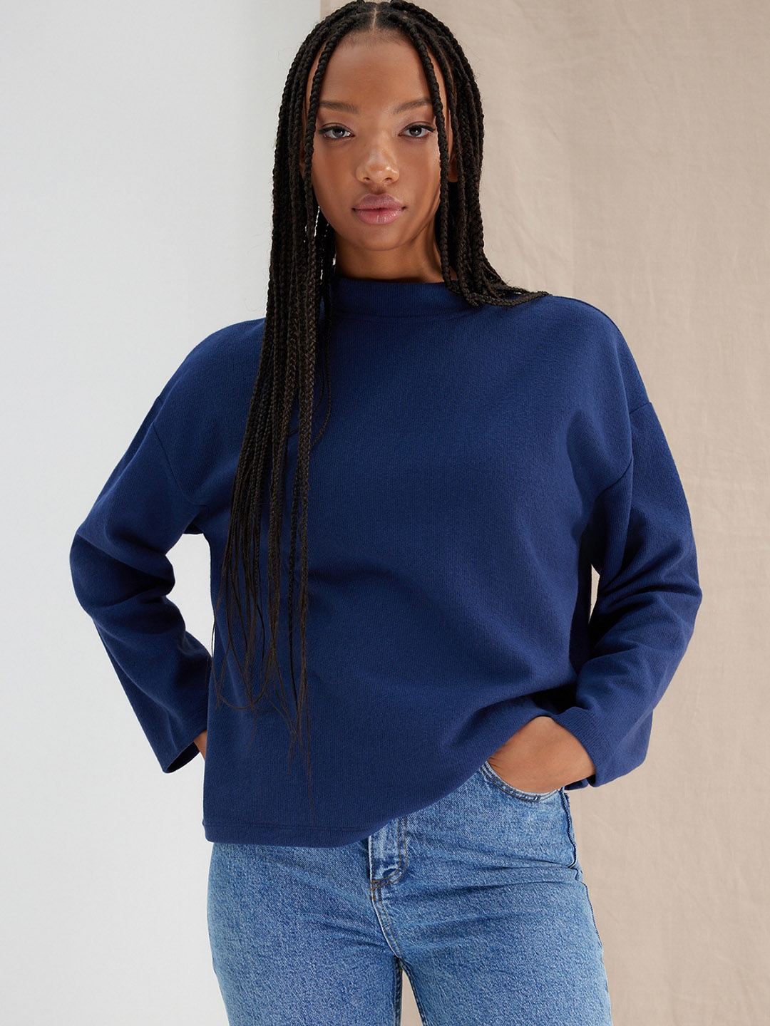 

Trendyol High Neck Drop-Shoulder Sleeves Net Top, Navy blue
